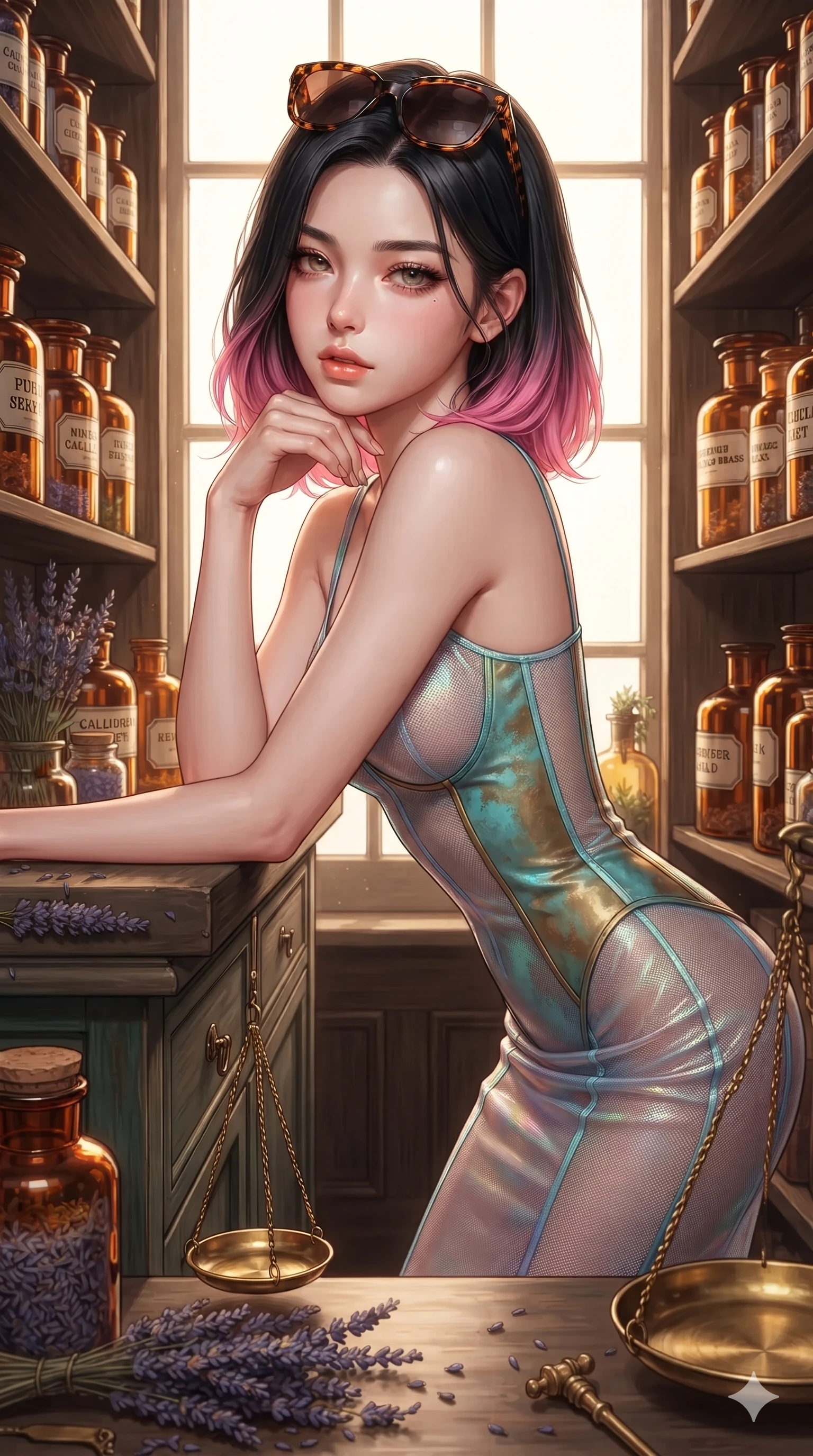 score_9, masterpiece, best quality, ultra-detailed, high-budget anime keyframe, editorial fashion photography, tasteful artistic composition, Korean woman. close-up cowboy shot from the waist and thighs up, the character dominates the composition, filling the frame with her large presence. resting one elbow on the potting bench and supporting her chin, leaning close to the camera with heavy-lidded sparkling eyes and parted lips while standing poised between floor-to-ceiling herb shelves, arching her spine with dancer poise as amber sunlight illuminates her curves. The surrounding environment is rendered in vivid detail and crisp panoramic clarity: sharp amber glass bottle facets and calligraphy labels, dried lavender bud clusters, and polished brass scale pans in deep focus. She has an exceptionally elegant, slender, and willowy female figure with an ultra-slim waist, flat toned midriff, narrow ribcage, and sculpted feminine hips creating an alluring, slim hourglass silhouette without bulk. sharp v-shaped jawline, high-bridge nose, sparkling eyes with hypnotic seductive depth, thick curled eyelashes, glossy parted lips with a natural dewy peach sheen, alluring bedroom-eyes with an enchanting coquettish smile, exuding magnetic siren charisma and sophisticated glamour, flawlessly proportioned anatomical accuracy, strict slender model proportions, natural body alignment, perfectly sculpted long slender limbs, ultra-slim waistline, clean dynamic posture without body distortion. wearing a translucent iridescent micro-mesh corset dress with wet-look second-skin cling tracing her feminine curves in turquoise patina and burnished vintage brass, crafted from fluid liquid silk satin that clings smoothly to every curve with a dewy sheen, complemented by oversized designer tortoiseshell sunglasses resting atop her head, the impeccably tailored cut draping gracefully along her slender figure with aristocratic botanical poise. bathed in rich amber light glowing through dozens of liquid-filled glass bottles on sunlit window sills. ultra-reflective glossy finish, specular highlights, rich textural contrasts, high-contrast stereoscopic depth, volumetric dynamic lighting, 2k, ultra detail, master piece, 9:16 ratio