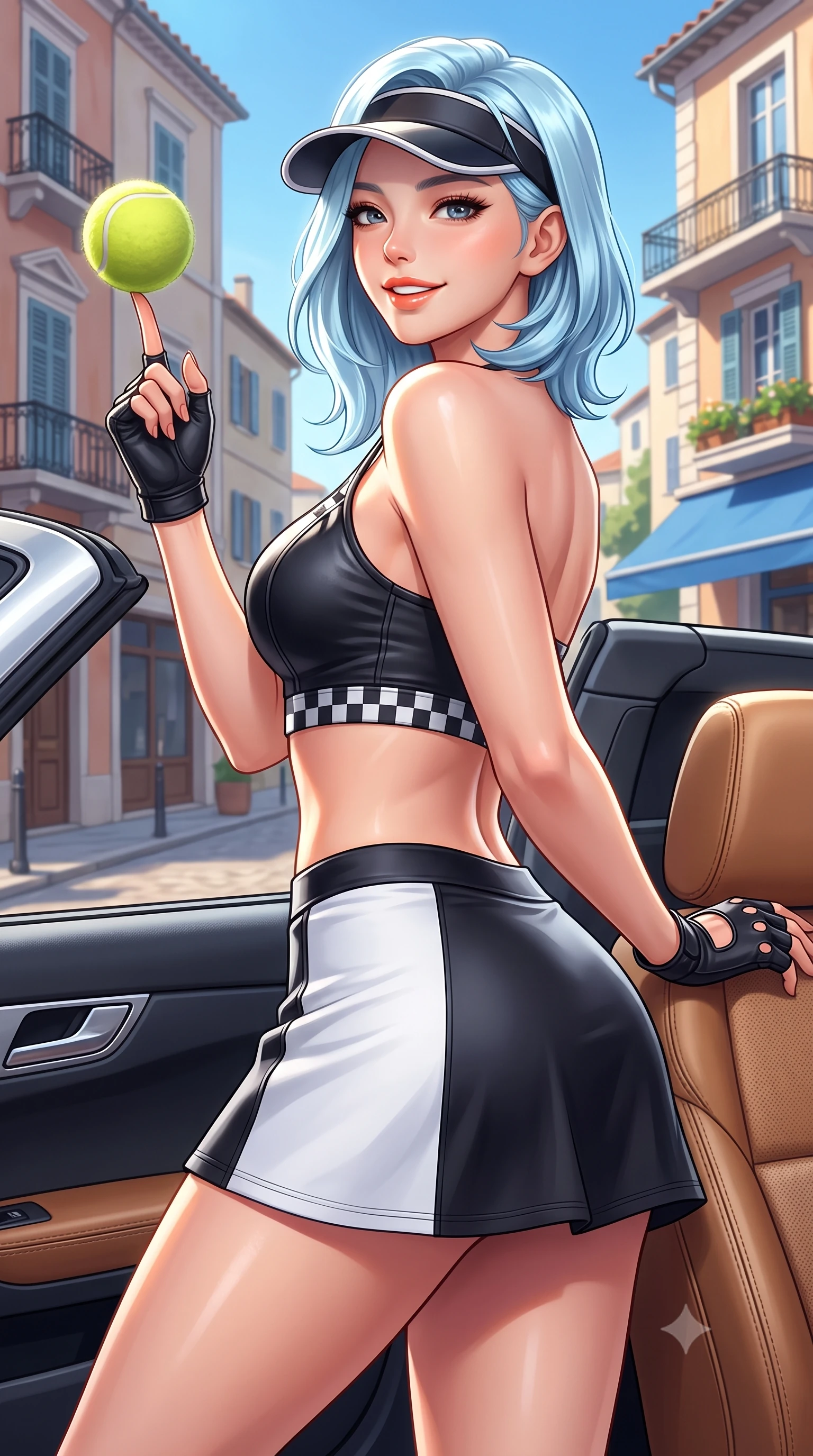 score_9, masterpiece, best quality, ultra-detailed, high-budget anime keyframe, semi-realistic 3D game render, editorial fashion photography, tasteful artistic composition, Korean woman. close-up cowboy shot from the waist and thighs up, the character dominates the composition, filling the frame with her large presence. playfully spinning a tennis ball on her fingertips, her radiant smile capturing fresh girlhood charm while her arched torso reveals an intoxicating hip contour while leaning against the leather passenger seat with hips cocked back, looking over a bare shoulder with an alluring, sun-drenched half-smile. The surrounding environment is rendered in vivid detail and crisp panoramic clarity: detailed piqué polo knit weave, sun-kissed skin glow, and French coastal architecture in razor-sharp precision. She has an exceptionally elegant, slender, and willowy female figure with an ultra-slim waist, flat toned midriff, narrow ribcage, and sculpted feminine hips creating an alluring, slim hourglass silhouette without bulk. sharp v-shaped jawline, high-bridge nose, sparkling eyes with athletic focus and depth, thick curled eyelashes, glossy parted lips with a natural coral-peach sheen, bright confident and coquettish smile with alluring bedroom-eyes, exuding both youthful sporty vigor and sovereign high-society glamour, flawlessly proportioned anatomical accuracy, strict slender model proportions, natural body alignment, perfectly sculpted long slender limbs, ultra-slim waistline, clean dynamic posture without body distortion. wearing a chic leather bustier top with checkered flag trim paired with an ultra-short A-line tennis skirt in dual-tone high-contrast racing monochrome, made of smooth liquid-tight stretch jersey emphasizing every curve of her body, accented with a sporty retro tennis visor and fingerless leather driving gloves, the glove-like aerodynamic silhouette tightly following the natural contour of her hips and long slender legs with youthful 8.5-heads elegance. illuminated by polished car aluminum bounce and sharp platinum rim lights defining her razor-sharp jawline, narrow waist, and curvy hips. highly saturated vibrant anime colors, detailed shading with soft gradients, rich glossy textures, high-contrast stereoscopic depth, volumetric dynamic lighting, master piece, 9:16 ratio