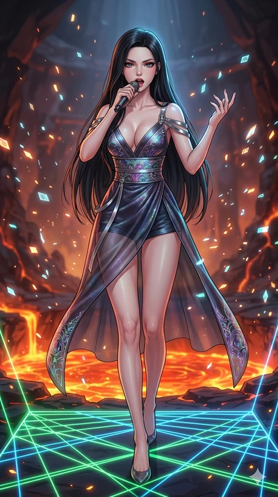 score_9, masterpiece, best quality, ultra-detailed, high-budget anime movie keyframe, cinematic anime lighting, intricate line art, Japanese woman. Low angle cowboy shot filling the entire 9:16 frame with her statuesque presence. singing on a laser s