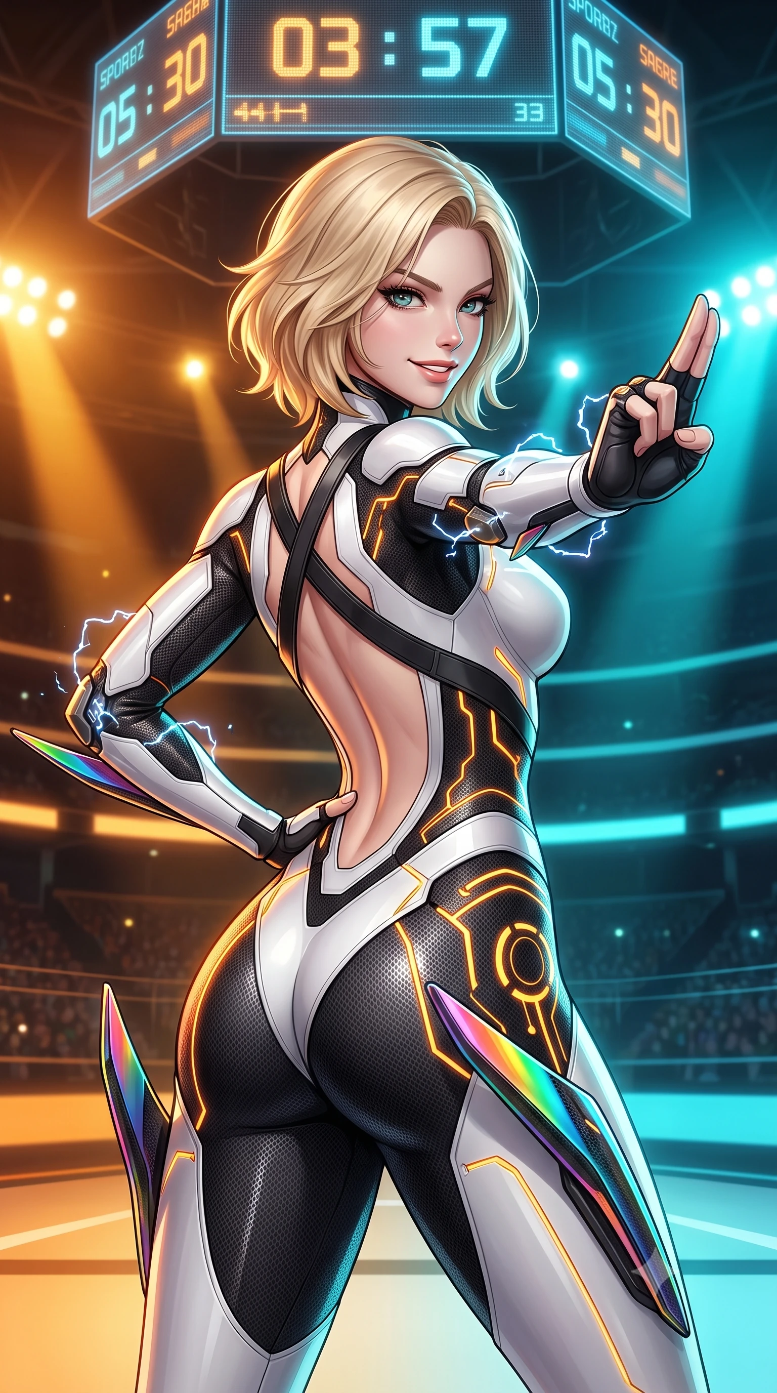 score_9, masterpiece, best quality, ultra-detailed, high-budget anime keyframe, semi-realistic 3D game render, editorial fashion photography, tasteful artistic composition, Caucasian woman. close-up cowboy shot from the waist and thighs up, the character dominates the composition, filling the frame with her large presence. twisting her upper body in a dynamic S-curve martial arts stance, cybernetic elbow dampers emitting subtle electric sparks as she aims a focused palm strike while resting one hand on her hip with a fearless, captivating battle smile as giant holographic arena scoreboards flash overhead. The surrounding environment is rendered in vivid detail and crisp panoramic clarity. high-contrast cyberpunk sports chiaroscuro and raw kinetic energy captured with environmental precision. She has an exceptionally elegant, slender, and willowy female figure with an ultra-slim waist, a gracefully sculpted slender torso, toned flat midriff, and a refined slim silhouette. sharp v-shaped jawline, high-bridge nose, intricate jewel-like eyes with depth, thick eyelashes, glossy lips with a natural sheen, flawlessly proportioned anatomical accuracy, strict slender model proportions, natural body alignment, perfectly sculpted long slender limbs, ultra-slim waistline, clean dynamic posture without body distortion. wearing a high-contrast monochrome white-and-black carbon-composite exoskeleton suit with glowing amber circuitry and aerodynamic limb fins in high-gloss iridescent rainbow carbon with prism holographic sheen, tailored from flexible second-skin carbon-mesh that clings flawlessly to her athletic curves, complemented by criss-cross back harness straps highlighting her completely bare spine, the form-contouring material adhering flawlessly to her sculpted flat midriff and slender torso, emphasizing her long leg lines and perfectly proportioned willowy build. bathed in vivid high-contrast amber and cyan arena floodlights with electric friction spark glints. rich saturated anime colors with glowing neon highlights, detailed shading with soft gradients, rich glossy textures, high-contrast stereoscopic depth, volumetric dynamic lighting, master piece, 9:16 ratio