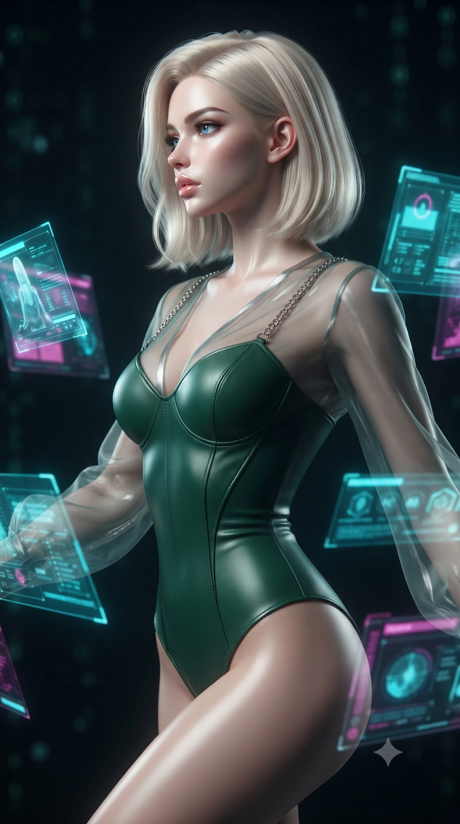 score_9, masterpiece, best quality, ultra-detailed, high-budget anime keyframe, editorial fashion photography, tasteful artistic composition, Caucasian woman. close-up cowboy shot from the waist and thighs up, the character dominates the composition, filling the frame with her large presence, background elements kept in soft focus. Turning her face in sharp profile while her upper body leans forward with poised athletic grace while floating dynamically in a high-tech matrix void surrounded by holographic data panels, translucent cyan and magenta holographic panels hovering dynamically around her. She has an exceptionally elegant, slender, and willowy female figure with an ultra-slim waist, a gracefully sculpted slender torso, and a refined silhouette. sharp v-shaped jawline, high-bridge nose, intricate jewel-like eyes with depth, thick eyelashes, glossy lips with a natural sheen, flawlessly proportioned anatomical accuracy, natural body alignment, perfectly sculpted elegant limbs, clean dynamic posture without body distortion. wearing a tailored leather bustier over a sheer silk chiffon blouse in deep emerald green and silver accent, formed from sleek second-skin neoprene, adorned with delicate metallic chain straps along the neckline, the tailored fabric tightly following every curve of her athletic build. surrounded by a crisp high-tech illumination with high specular contrast. ultra-reflective glossy finish, specular highlights, metallic sheen, high-contrast stereoscopic depth, volumetric dynamic lighting, 2k, ultra detail, master piece, 9:16 ratio