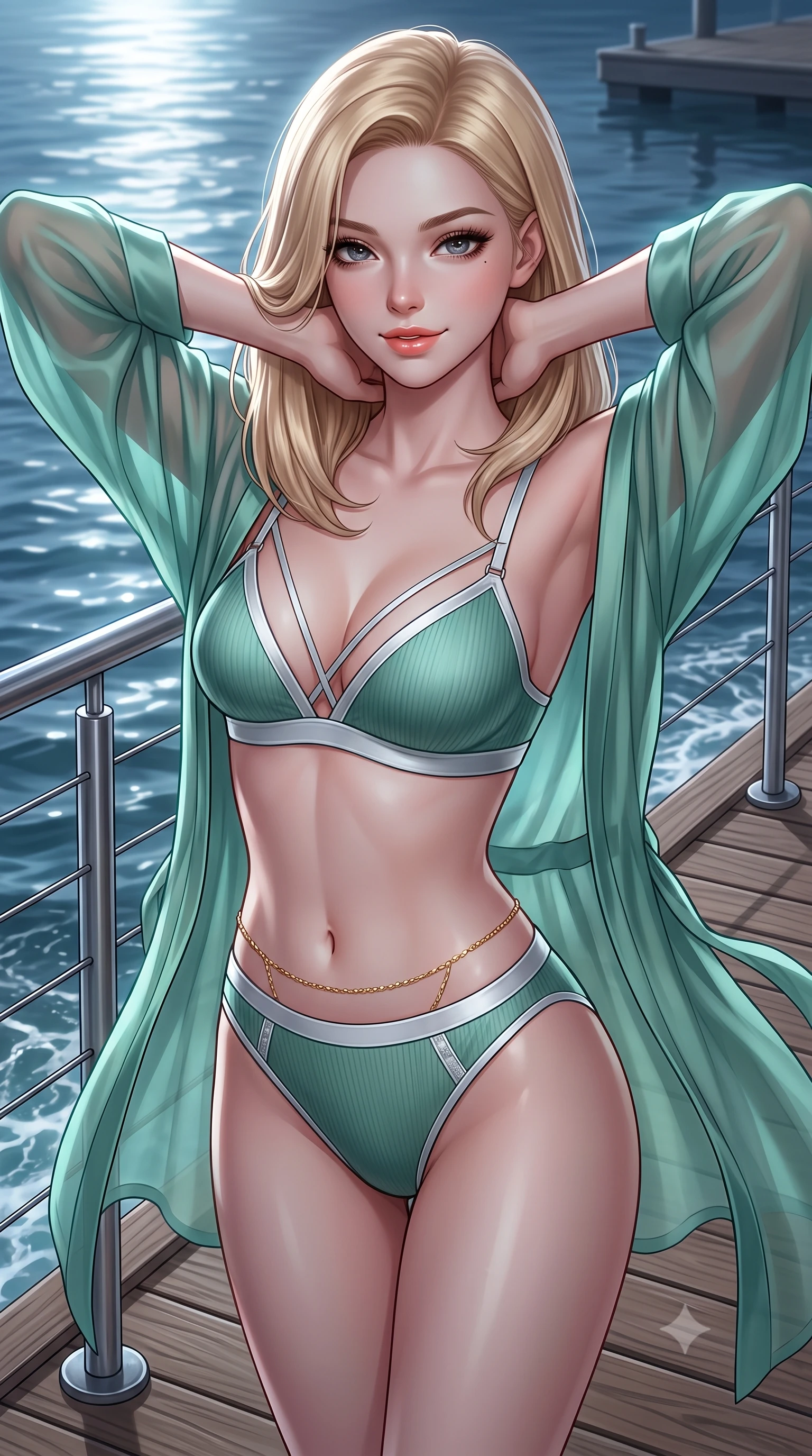 score_9, masterpiece, best quality, ultra-detailed, high-budget anime keyframe, semi-realistic 3D game render, editorial fashion photography, tasteful artistic composition, Korean woman. close-up cowboy shot from the waist and thighs up, the character dominates the composition, filling the frame with her large presence. resting both hands lightly behind her neck with elbows raised, arching her spine to highlight her narrow waist, flat midriff, and breathtaking collarbones while twisting her slender torso in an alluring S-curve, salty harbor winds molding her form-fitting dress to her feminine hourglass contours. The surrounding environment is rendered in vivid detail and crisp panoramic clarity: sharp boardwalk timber grain, stainless steel cable railing, and water wake ripple clarity in deep focus. She has an exceptionally elegant, slender, and willowy female figure with an ultra-slim waist, flat toned midriff, narrow ribcage, and sculpted feminine hips creating an alluring, slim hourglass silhouette without bulk. sharp v-shaped jawline, high-bridge nose, sparkling eyes with hypnotic seductive depth, thick curled eyelashes, glossy parted lips with a natural dewy peach sheen, alluring bedroom-eyes with an enchanting coquettish smile, exuding magnetic siren charisma and sophisticated glamour, flawlessly proportioned anatomical accuracy, strict slender model proportions, natural body alignment, perfectly sculpted long slender limbs, ultra-slim waistline, clean dynamic posture without body distortion. wearing a delicate semi-sheer jade silk boudoir robe worn loose and slipping off bare shoulders over a matching strappy bralette in moonlit jade green and pure alabaster white with silver accents, tailored from fine ribbed modal knit with gentle elastic contouring and soft hand-feel, finished with a dainty gold belly chain resting across her flat midriff and curving hips, the glove-like clinging cut tightly following the natural contour of her hips and long slender legs with youthful 8.5-heads elegance. illuminated by harbor water moonbeam bounce and sharp platinum rim lights defining her collarbones, narrow waist, and curvy hips. highly saturated vibrant anime colors, detailed shading with soft gradients, rich glossy textures, high-contrast stereoscopic depth, volumetric dynamic lighting, master piece, 9:16 ratio