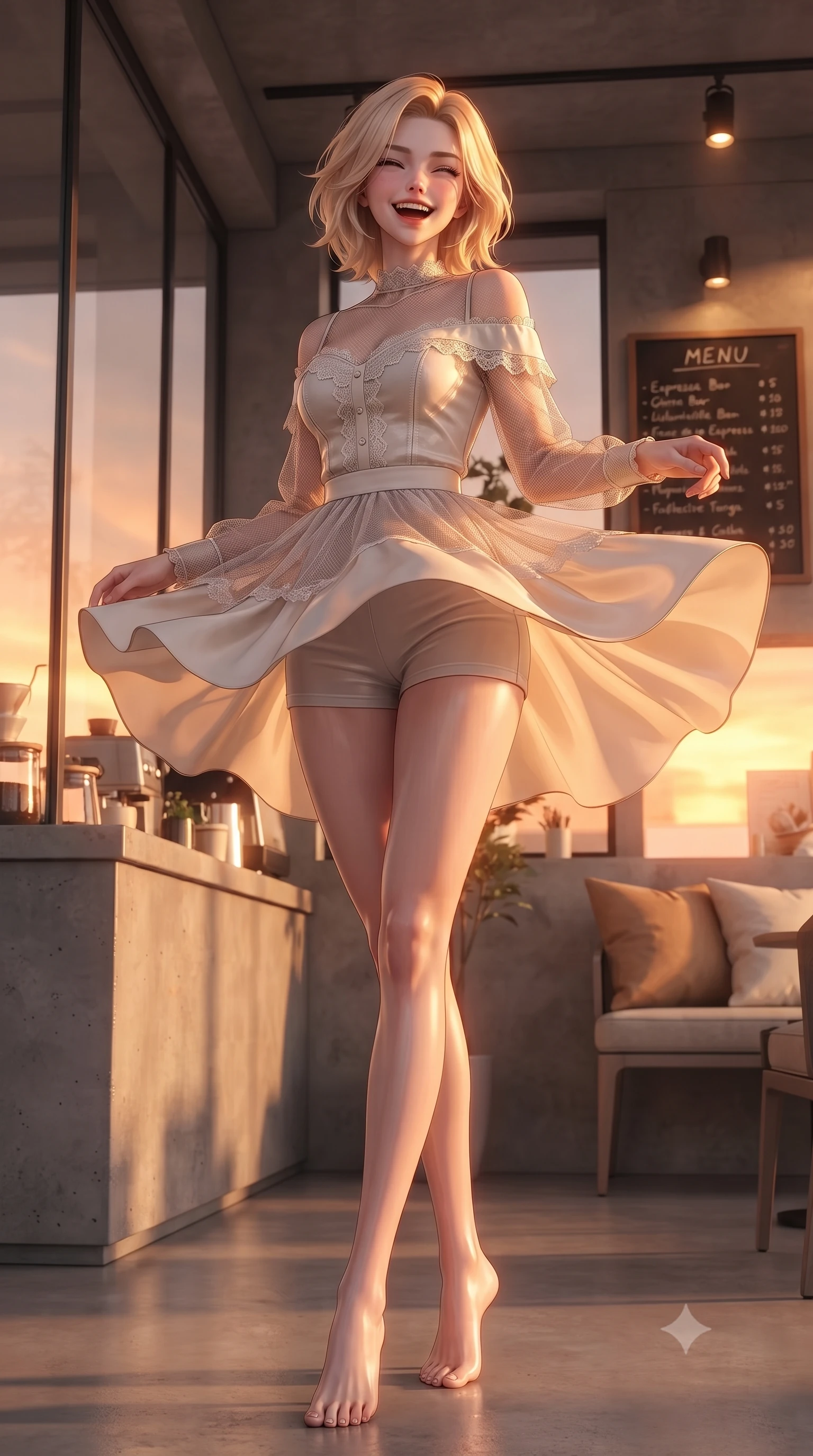 score_9, masterpiece, best quality, ultra-detailed, high-budget anime keyframe, editorial fashion photography, tasteful artistic composition, Caucasian woman. low angle full-body shot from head to toe showing her feet, filling the entire 9:16 vertical frame with her statuesque presence, stretching her vertical silhouette. twirling around with a playful, cute laugh, her skirt billowing beautifully in the air set against a soft-focus background of inside a modern minimalist espresso bar with sleek glass windows and concrete counters with a handwritten menu board and cozy cushions on the chairs. She has an absolutely perfect, statuesque 8.5-heads proportion, an exceptionally tall and slender model-like female figure with impossibly long slender legs and an ultra-slim waist. sharp v-shaped jawline, high-bridge nose, intricate jewel-like eyes with depth, thick eyelashes, glossy lips with a natural sheen. wearing tailored delicate lace-trim off-shoulder blouse paired with a sheer mesh overlay and form-contouring mini shorts. golden hour sunset rays painting the cozy interior in a warm orange wash. ultra-reflective glossy finish, specular highlights, metallic sheen, high-contrast stereoscopic depth, volumetric dynamic lighting, 2k, ultra detail, master piece, 9:16 ratio