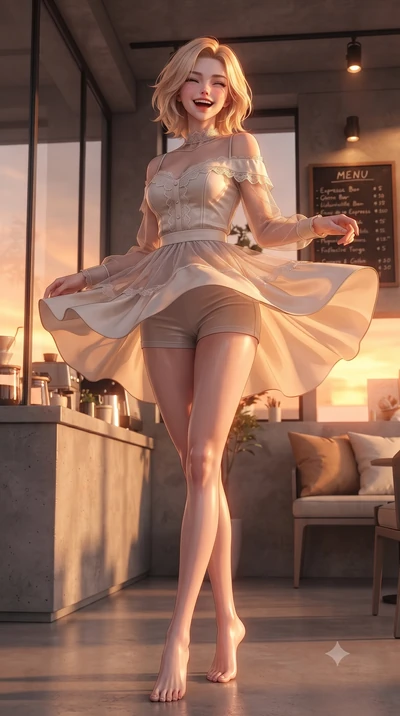 score_9, masterpiece, best quality, ultra-detailed, high-budget anime keyframe, editorial fashion photography, tasteful artistic composition, Caucasian woman. low angle full-body shot from head to toe showing her feet, filling the entire 9:16 vertica
