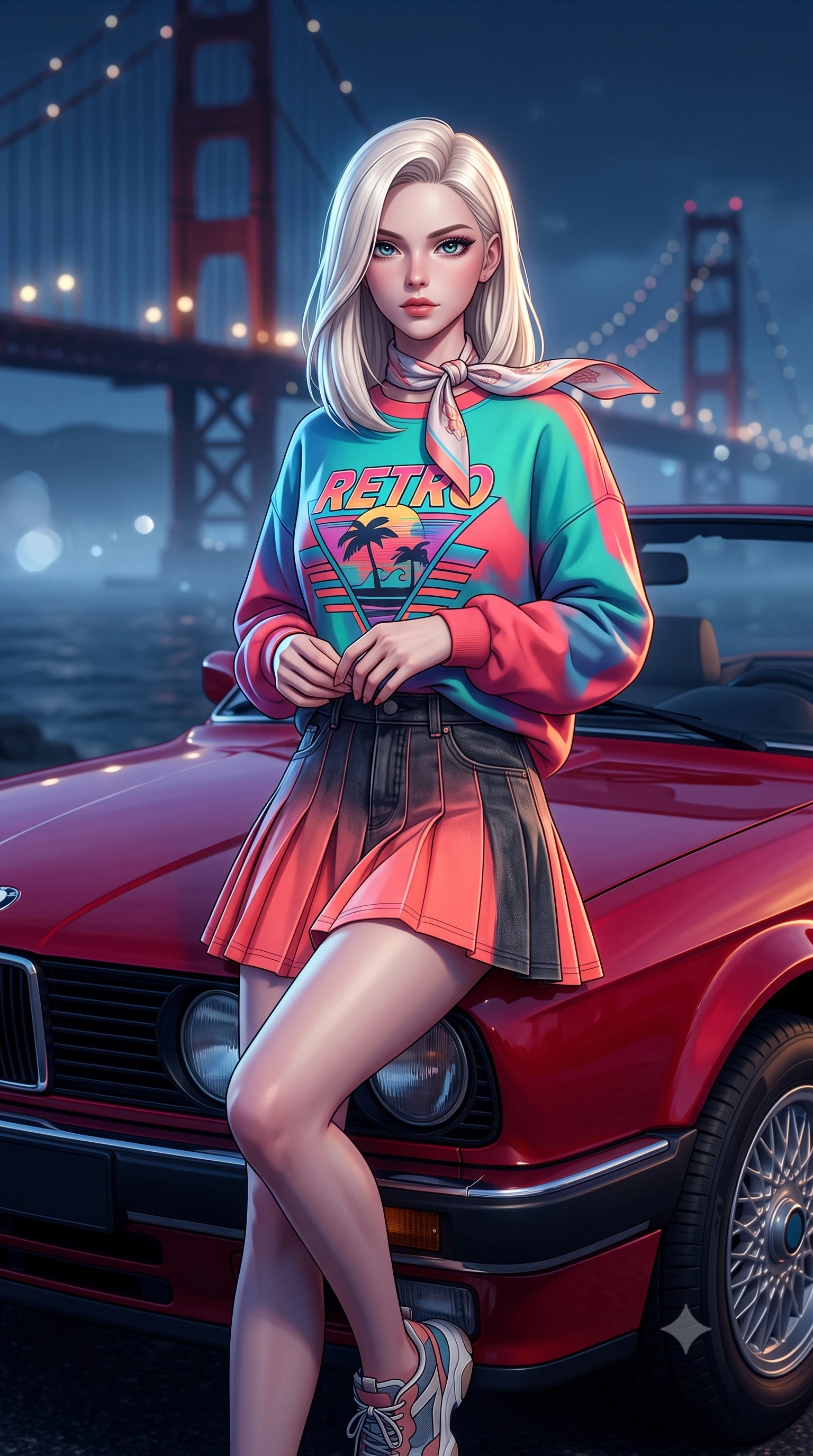 score_9, masterpiece, best quality, ultra-detailed, high-budget anime keyframe, semi-realistic 3D game render, editorial fashion photography, tasteful artistic composition, Caucasian woman. close-up cowboy shot from the waist and thighs up, the character dominates the composition, filling the frame with her large presence. holding her hands loosely in front with regal, aristocratic poise, radiating an overwhelming high-society aura while leaning against the hood of a cherry-red vintage 1980s convertible parked on a coastal suspension bridge at midnight. The composition keeps background elements in soft focus with creamy bokeh. cool ocean mist and streetlamp halos scattering dreamy nostalgic light motes across the road. She has an exceptionally elegant, slender, and willowy female figure with an ultra-slim waist, a gracefully sculpted slender torso, toned flat midriff, and a refined slim silhouette. sharp v-shaped jawline, high-bridge nose, intricate jewel-like eyes with depth, thick eyelashes, glossy lips with a natural sheen, captivating and magnetic expression, flawlessly proportioned anatomical accuracy, strict slender model proportions, natural body alignment, perfectly sculpted long slender limbs, ultra-slim waistline, clean dynamic posture without body distortion. wearing a vibrant retro graphic oversized sweatshirt paired with a pleated tennis skirt and chunky sneakers in retro neon coral and washed black denim, made of crisp lightweight vintage crinkle nylon, complemented by a delicate silk scarf tied playfully around her neck, the breezy yet form-flattering drape swaying gracefully with her steps, accentuating her long willowy limbs and slim waistline. surrounded by a free-spirited, glamorous, and wonderfully nostalgic midnight road-trip queen aura. highly saturated vibrant anime colors, detailed shading with soft gradients, rich glossy textures, high-contrast stereoscopic depth, volumetric dynamic lighting, master piece, 9:16 ratio