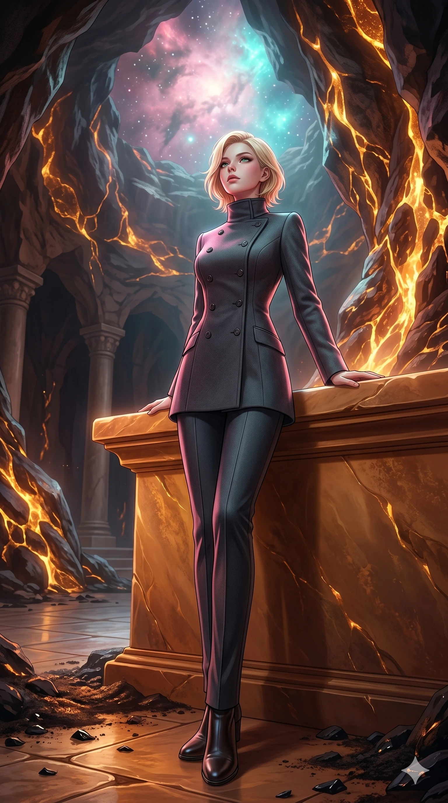 score_9, masterpiece, best quality, ultra-detailed, high-budget anime keyframe, editorial fashion photography, tasteful artistic composition, Caucasian woman, strictly human ears. low angle full-body shot from head to toe showing her feet, filling the entire 9:16 vertical frame with her statuesque presence, stretching her vertical silhouette. resting her arms on the warm stone ledge, tilting her chin up with a relaxed, composed expression inside a hidden volcanic sanctuary with glowing amber mineral veins (Code-P18-021). She has an absolutely perfect 8-heads proportion, an exceptionally tall and slender female figure with impossibly long slender legs and an ultra-slim waist. V-shaped jawline, high-bridge nose, intricate jewel-like eyes with depth, thick eyelashes, glossy lips with a natural sheen. wearing a high-neck double-breasted woolen coat with tailored long trousers. starlight and nebula glow casting soft cosmic pink and cyan highlights on her athletic form. 2k, ultra detail, master piece, 9:16 ratio