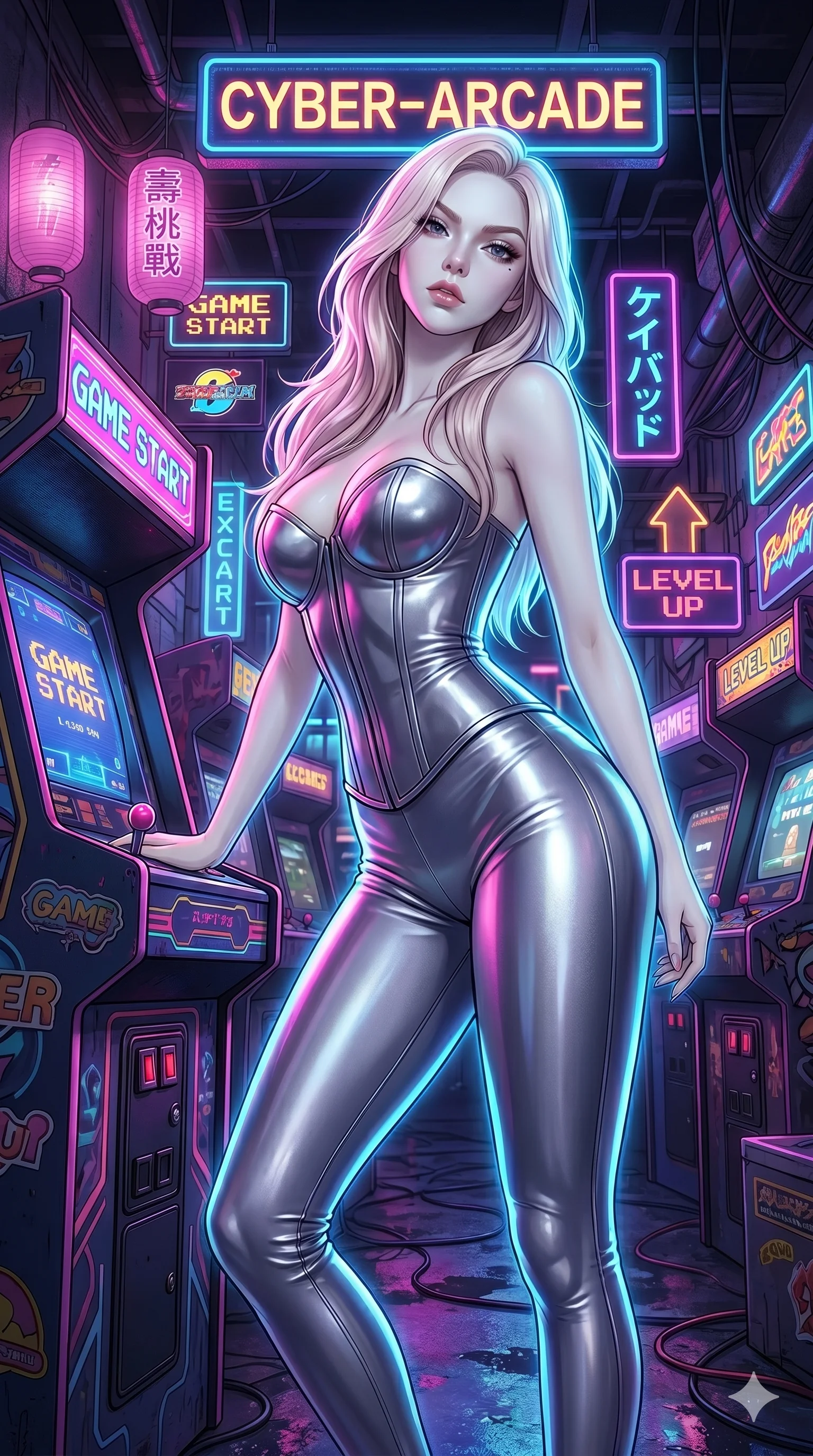 score_9, masterpiece, best quality, ultra-detailed, high-budget anime keyframe portrait, an incredibly beautiful Caucasian anime girl with pale skin anime girl. Dynamic low angle shot filling the frame. She has an absolutely perfect 8-heads proportion, an exceptionally tall female figure with long slender legs and a voluptuous body. Her face is a highly detailed masterpiece featuring a v-shaped jawline, high-bridge nose, intricate jewel-like eyes, thick eyelashes, and glossy lips. She has platinum blonde flowing hair. She is wearing a form-fitting metallic silver corset and tight leggings, highlighting her alluring silhouette. Neon arcade interior, vivid cyberpunk lighting, dramatic rim lighting, cinematic shadows, 2k, ultra detail, master piece, 9:16 ratio