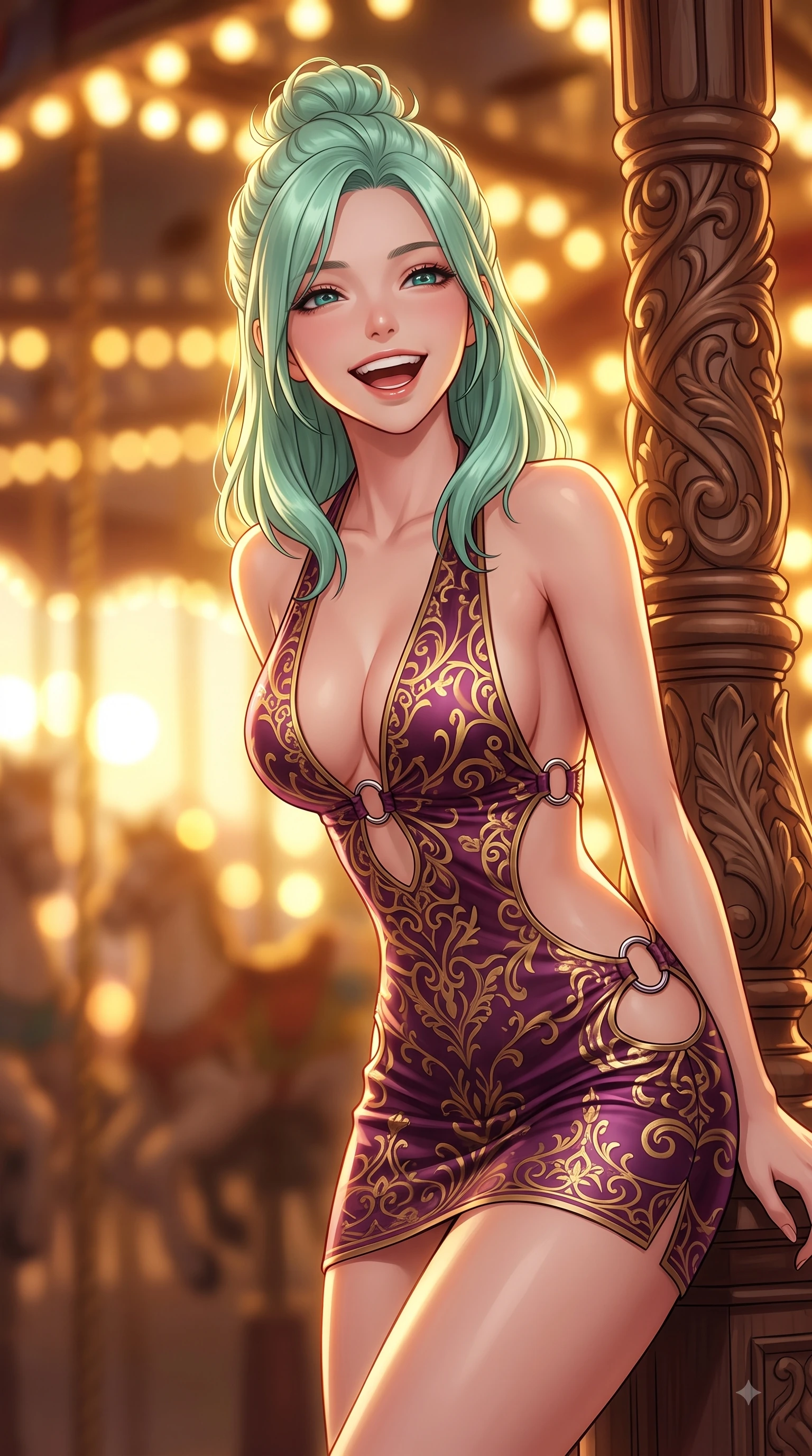 score_9, masterpiece, best quality, ultra-detailed, high-budget anime keyframe, editorial fashion photography, tasteful artistic composition, Japanese woman. close-up cowboy shot from the waist and thighs up, the character dominates the composition, filling the frame with her large presence, background elements kept in soft focus. Joyful laughing expression filled with genuine happiness and warmth, leaning forward with cheerful energy while resting playfully against a carved carousel pillar as warm golden hour lamps trace her figure, thousands of warm vintage light bulbs casting glowing golden circles in soft bokeh. She has an exceptionally elegant, slender, and willowy female figure with an ultra-slim waist, a gracefully sculpted slender torso, and a refined silhouette. sharp v-shaped jawline, high-bridge nose, intricate jewel-like eyes with depth, thick eyelashes, glossy lips with a natural sheen, flawlessly proportioned anatomical accuracy, natural body alignment, perfectly sculpted elegant limbs, clean dynamic posture without body distortion. wearing a deep-scoop halter bodycon dress with hip cutouts connected by silver rings in plum purple and gold filigree, crafted from smooth liquid silk, accented with delicate chrome ring hardware framing her waist, the tailored fabric tightly following every curve of her athletic build. illuminated by cheerful festive backlighting with soft golden bokeh bubbles. highly saturated vibrant anime colors, detailed shading with soft gradients, rich glossy textures, high-contrast stereoscopic depth, volumetric dynamic lighting, master piece, 9:16 ratio