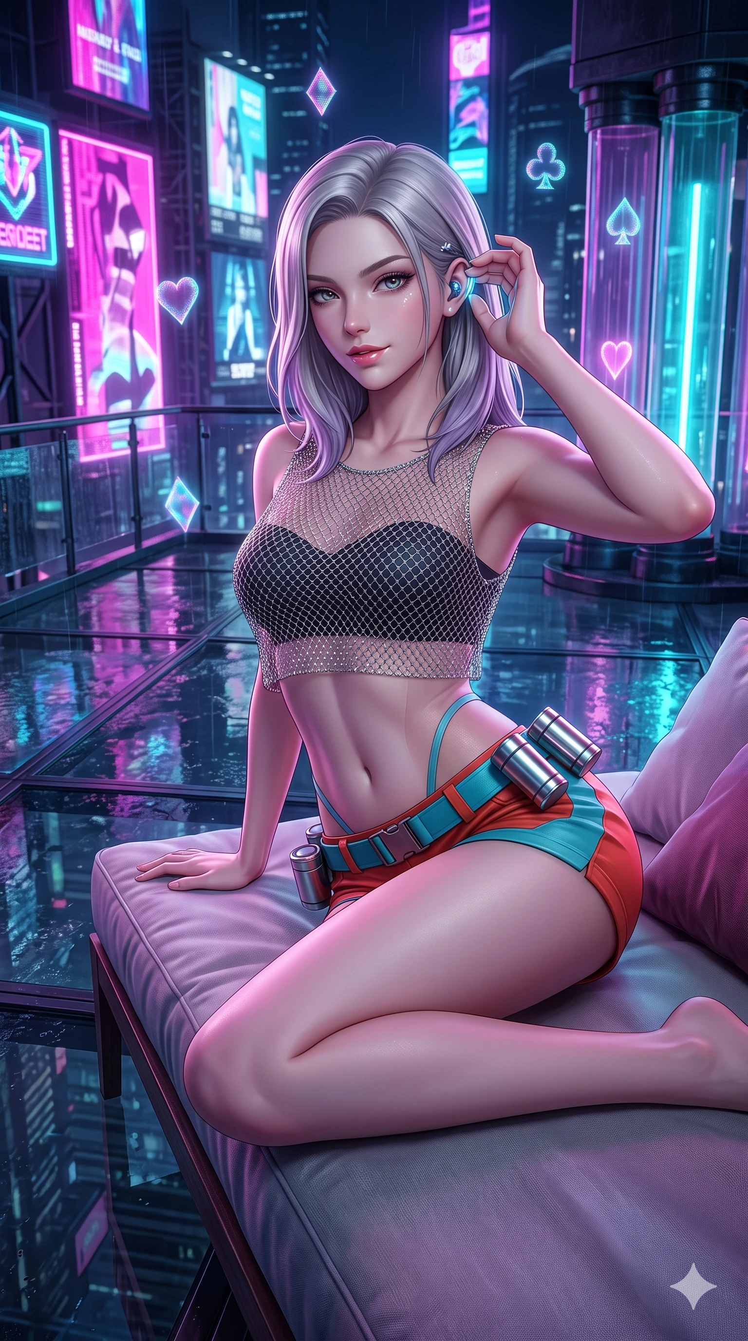 score_9, masterpiece, best quality, ultra-detailed, high-budget anime keyframe, semi-realistic 3D game render, editorial fashion photography, tasteful artistic composition, Caucasian woman. close-up cowboy shot from the waist and thighs up, the character dominates the composition, filling the frame with her large presence. arching her spine with dancer poise, one hand adjusting her ear comm-link in a flirtatious S-curve with parted glossy lips while lounging comfortably in an exterior plush daybed propped on one elbow with legs crossed, radiating effortless siren charm amidst the neon night. The surrounding environment is rendered in vivid detail and crisp panoramic clarity: sharp neon signage glass tube reflections, wet terrace glass floor reflections, and floating digital card suits in deep focus. She has an exceptionally elegant, slender, and willowy female figure with an ultra-slim waist, flat toned midriff, narrow ribcage, and sculpted feminine hips creating an alluring, slim hourglass silhouette without bulk. sharp v-shaped jawline, high-bridge nose, intricate jewel-like sparkling eyes with depth, thick eyelashes, glossy parted lips with a natural sheen, bright confident smile with an enchanting and coquettish sensual glint, exuding both youthful magnetic charm and sovereign high-tech allure, flawlessly proportioned anatomical accuracy, strict slender model proportions, natural body alignment, perfectly sculpted long slender limbs, ultra-slim waistline, clean dynamic posture without body distortion. wearing a delicate silver chainmail mesh crop top layered over a sculpted matte black bandeau with low-rise combat shorts in cyber-shinto vermilion and laser turquoise, featuring strategic sheer-illusion tulle side panels framing her ribcage and hips, accented with a sleek utility belt with polished magnetic canisters resting loosely on her curvy hips, the high-slit tactical tailoring accentuating her ultra-slim waistline and the enchanting curve of her feminine hips with alluring seductive charm. bathed in the vibrant, highly saturated glow of magenta, electric cyan, and ultraviolet neon billboards. highly saturated vibrant anime colors, detailed shading with soft gradients, rich glossy textures, high-contrast stereoscopic depth, volumetric dynamic lighting, master piece, 9:16 ratio