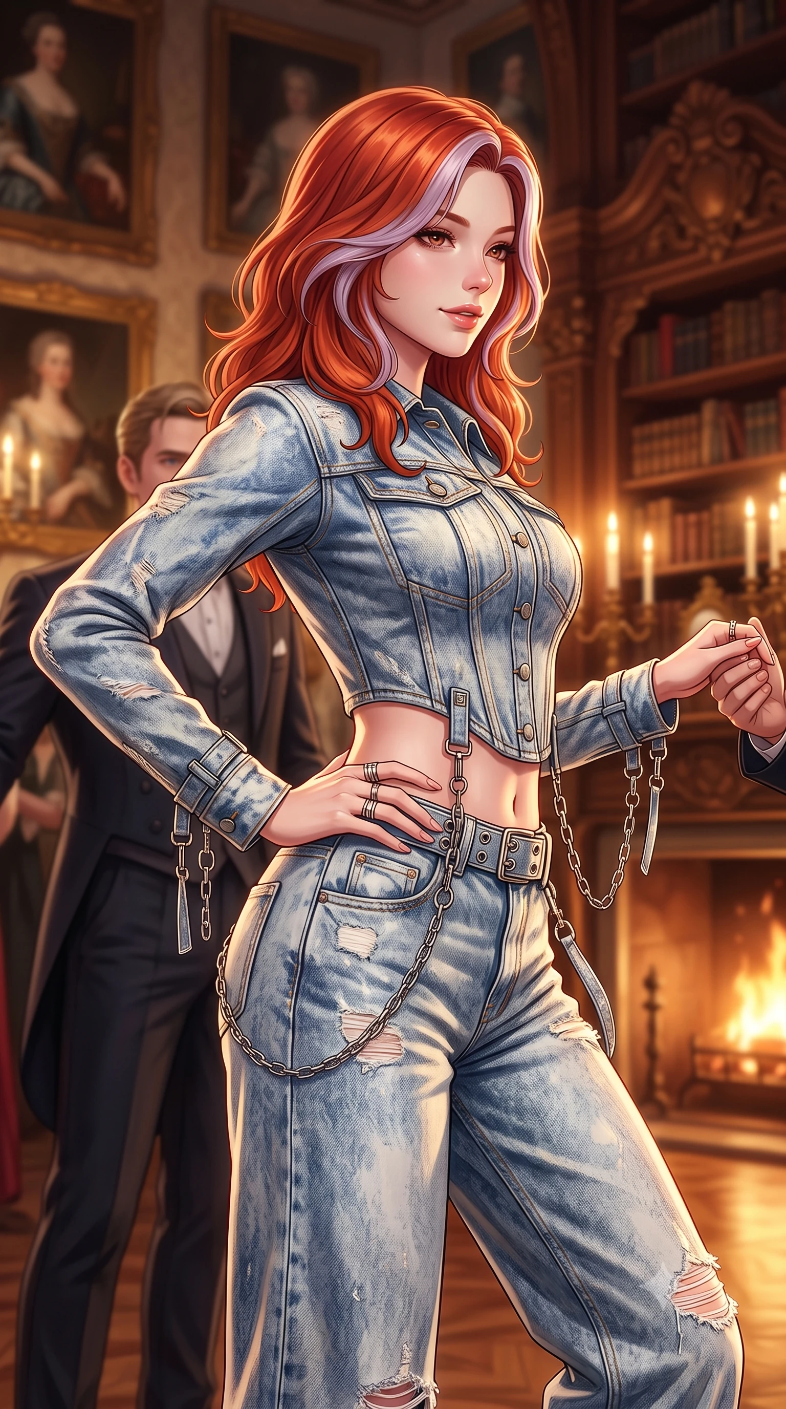 score_9, masterpiece, best quality, ultra-detailed, high-budget anime keyframe, semi-realistic 3D game render, editorial fashion photography, tasteful artistic composition, Caucasian woman. close-up cowboy shot from the waist and thighs up, the character dominates the composition, filling the frame with her large presence. smiling with subtle, enchanting allure and glossy parted lips, one hand resting on her waist with effortless supermodel poise while twirling on the crowded ballroom dance floor with a target diplomat, her smoldering gaze masking her lethal undercover mission. The composition keeps background elements in soft focus with creamy bokeh. antique oil paintings and carved baroque wooden library shelves softened in romantic shallow focus. She has an exceptionally elegant, slender, and willowy female figure with an ultra-slim waist, a gracefully sculpted slender torso, toned flat midriff, and a refined slim silhouette. sharp v-shaped jawline, high-bridge nose, intricate jewel-like eyes with depth, thick eyelashes, glossy lips with a natural sheen, captivating and magnetic expression, flawlessly proportioned anatomical accuracy, strict slender model proportions, natural body alignment, perfectly sculpted long slender limbs, ultra-slim waistline, clean dynamic posture without body distortion. wearing a deconstructed denim corseted crop jacket paired with high-waisted wide-leg utility jeans and a silver grommet belt in acid-wash light denim and dark chrome, tailored from distressed structured cotton denim with metallic thread, accented with hanging industrial clip straps and chrome chain links edition #21, the glove-like aerodynamic second-skin fit tightly clinging to her ultra-slender waist and athletic curves without adding bulk, accentuating her razor-sharp statuesque lines and slim hourglass silhouette. bathed in romantic warm candelabra glow and dramatic fireplace ember uplights. highly saturated vibrant anime colors, detailed shading with soft gradients, rich glossy textures, high-contrast stereoscopic depth, volumetric dynamic lighting, master piece, 9:16 ratio