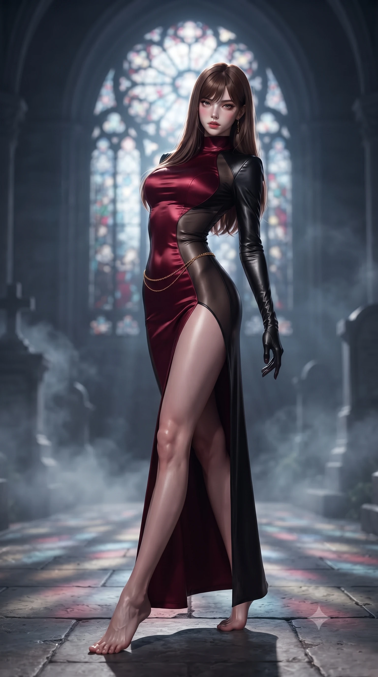 score_9, masterpiece, best quality, ultra-detailed, high-budget anime keyframe, editorial fashion photography, tasteful artistic composition, Korean woman. low angle full-body shot from head to toe showing her feet, filling the entire 9:16 vertical frame with her statuesque presence, stretching her vertical silhouette. pivoting dynamically with supreme athletic balance, her impossibly long slender legs and ultra-slim waist creating a mesmerizing vertical line while arching her back in an alluring dance-like pause as moonlight pours through a colossal rose stained-glass window. The composition keeps background elements in soft focus with creamy bokeh. swirling night mist and distant cemetery monuments softened in cinematic shallow focus. She has an absolutely perfect, statuesque 8.5-heads proportion, an exceptionally tall and slender model-like female figure with impossibly long slender legs, a toned flat midriff, and an ultra-slim waist. sharp v-shaped jawline, high-bridge nose, intricate jewel-like eyes with depth, thick eyelashes, glossy parted lips with a natural sheen, intensely captivating and seductive expression, flawlessly proportioned anatomical accuracy, strict slender model proportions, natural body alignment, perfectly sculpted long slender limbs, ultra-slim waistline, clean dynamic posture without body distortion. wearing a high-collar burgundy duchess satin gown with asymmetrical sheer side panels and thigh slit in dramatic crimson and polished obsidian, crafted from supple second-skin lambskin leather with specular sheen, complemented by a delicate gold waist chain framing her ultra-slim silhouette, the glove-like aerodynamic second-skin fit tightly clinging to her ultra-slender waist and feminine curves without adding bulk. illuminated by crisp specular highlights defining her sculpted jawline, bare spine, and long limbs. ultra-reflective glossy finish, specular highlights, rich textural contrasts, high-contrast stereoscopic depth, volumetric dynamic lighting, 2k, ultra detail, master piece, 9:16 ratio