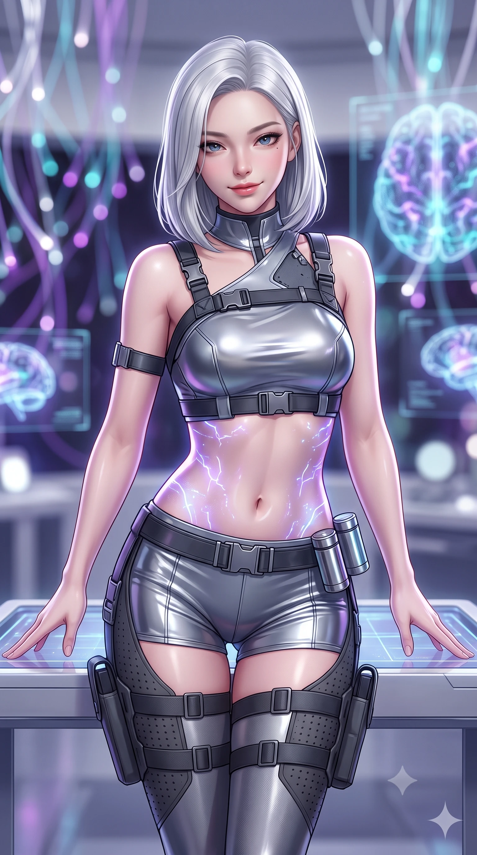score_9, masterpiece, best quality, ultra-detailed, high-budget anime keyframe, semi-realistic 3D game render, editorial fashion photography, tasteful artistic composition, Korean woman. close-up cowboy shot from the waist and thighs up, the character dominates the composition, filling the frame with her large presence. resting both hands lightly on the holoscreen pedestal while leaning toward the lens with a teasing smirk, her tight combat suit hugging her narrow waist and feminine hip curve while twisting her slender torso in an alluring S-curve, pulsing synaptic data pulses illuminating her flat midriff and rounded feminine hips. The background shows a soft-focus thousands of glowing glass neural fibers and holographic brain scan projections blurred into electric violet, cyan, and clean white bokeh. She has an exceptionally elegant, slender, and willowy female figure with an ultra-slim waist, flat toned midriff, narrow ribcage, and sculpted feminine hips creating an alluring, slim hourglass silhouette without bulk. sharp v-shaped jawline, high-bridge nose, intricate jewel-like sparkling eyes with depth, thick eyelashes, glossy parted lips with a natural sheen, bright confident smile with an enchanting and coquettish sensual glint, exuding both youthful magnetic charm and sovereign high-tech allure, flawlessly proportioned anatomical accuracy, strict slender model proportions, natural body alignment, perfectly sculpted long slender limbs, ultra-slim waistline, clean dynamic posture without body distortion. wearing a high-tech mechanic crop top with asymmetric shoulder straps paired with ultra-fitted tactical hot-pants and thigh holsters in reflective liquid mercury and matte phantom grey, made of high-grade ballistic nylon with precision laser-cut perforations, accented with a sleek utility belt with polished magnetic canisters resting loosely on her curvy hips, the form-fitting tactical tailoring adhering flawlessly to her sculpted flat midriff and slender torso, emphasizing her long leg lines and perfectly proportioned willowy build. bathed in soft diffuse white laboratory light and vibrant violet neural fiber glows. highly saturated vibrant anime colors, detailed shading with soft gradients, rich glossy textures, high-contrast stereoscopic depth, volumetric dynamic lighting, master piece, 9:16 ratio