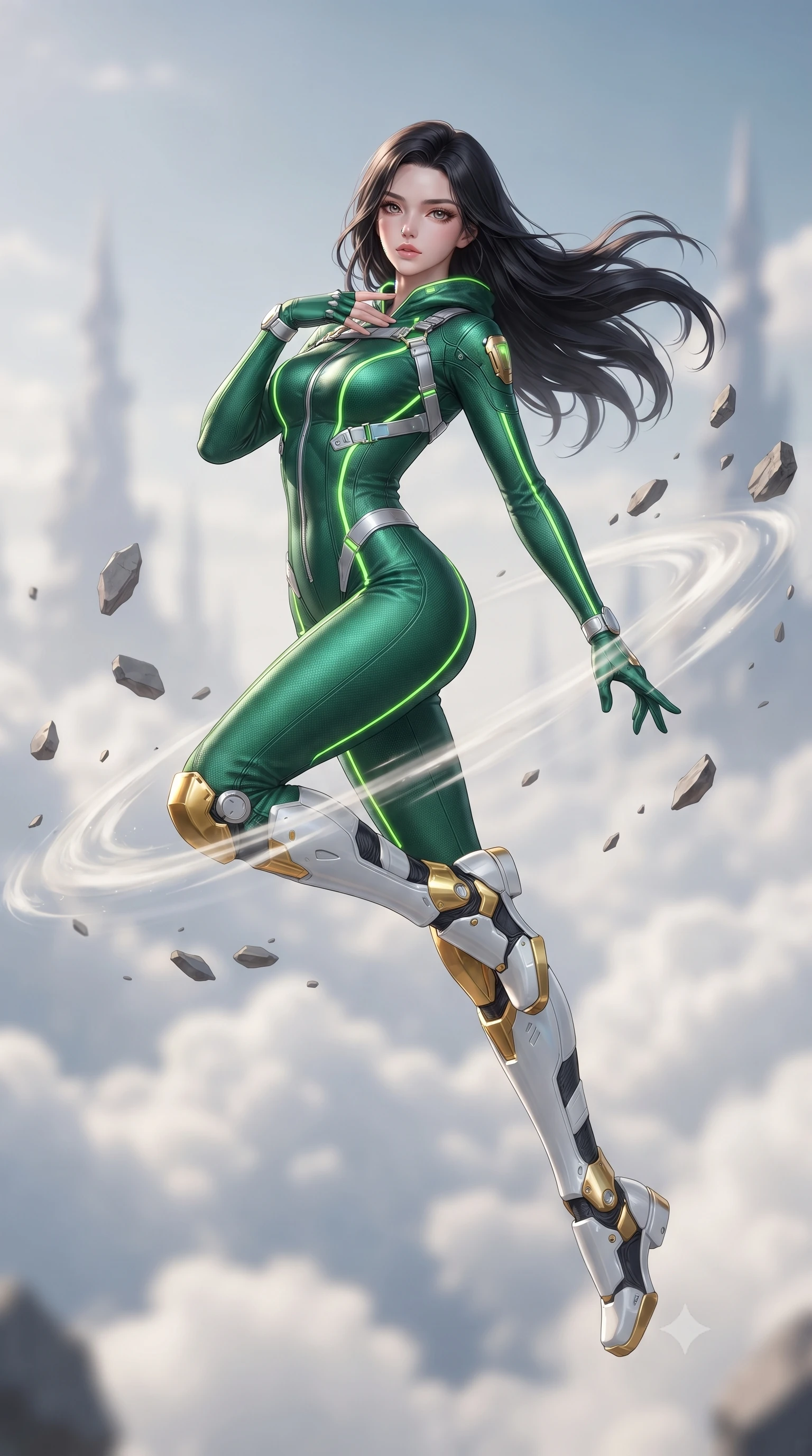 score_9, masterpiece, best quality, ultra-detailed, high-budget anime keyframe, editorial fashion photography, tasteful artistic composition, Korean woman. low angle full-body shot from head to toe showing her feet, filling the entire 9:16 vertical frame with her statuesque presence, stretching her vertical silhouette. leaping into mid-air with an athletic yet alluring arch of her spine, driving a downward kinetic strike surrounded by a ring of displaced air while resting one hand near her clavicle with calm sovereign poise as floating stone shards align around her slender silhouette. The composition keeps background elements in soft focus with creamy bokeh. billowing white cloud seas and distant celestial spires softened by shallow atmospheric focus. She has an absolutely perfect, statuesque 8.5-heads proportion, an exceptionally tall and slender model-like female figure with impossibly long slender legs, a toned flat midriff, and an ultra-slim waist. sharp v-shaped jawline, high-bridge nose, intricate jewel-like eyes with depth, thick eyelashes, glossy lips with a natural sheen, flawlessly proportioned anatomical accuracy, strict slender model proportions, natural body alignment, perfectly sculpted long slender limbs, ultra-slim waistline, clean dynamic posture without body distortion. wearing a tailored emerald-green carbon-fiber tactical jumpsuit with glowing lime LED channels, open cowl back, and reinforced combat shin-guards in arctic white carbon composite with radiant solar gold plating, made of lightweight aerodynamic carbon-titanium alloy with polished edge bevels, reinforced by a sleek titanium kinetic harness and glowing micro-energy straps, the glove-like aerodynamic second-skin fit tightly clinging to her ultra-slender waist and athletic curves without adding bulk, accentuating her razor-sharp statuesque lines and slim hourglass silhouette. surrounded by an awe-inspiring, ancient, and radiantly transcendent martial muse sovereignty aura. ultra-reflective glossy finish, specular highlights, dark metallic sheen, high-contrast stereoscopic depth, volumetric dynamic lighting, 2k, ultra detail, master piece, 9:16 ratio