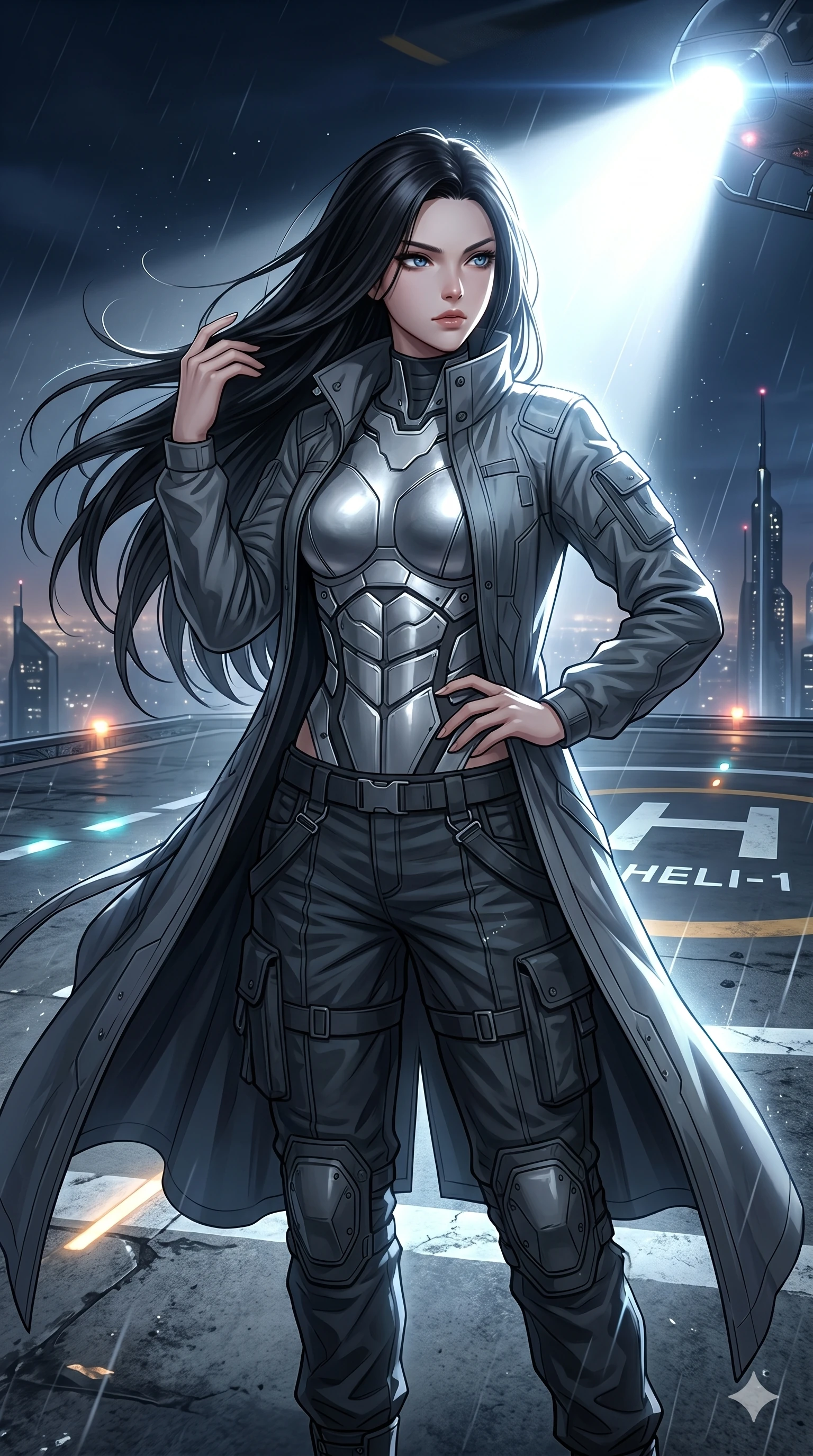 score_9, masterpiece, best quality, ultra-detailed, high-budget anime keyframe, Korean woman. Upper body close-up from the thighs up, character filling the screen for maximum presence. Standing on a rooftop helipad, waiting for a hover-copter, holding her hair back from the wind, looking toward the horizon with a confident gaze. She is wearing a long windbreaker coat worn over a structured silver bodice and dark utility pants. The scene is bathed in the bright white searchlight of the approaching vehicle. 2k, ultra detail, master piece, 9:16 ratio