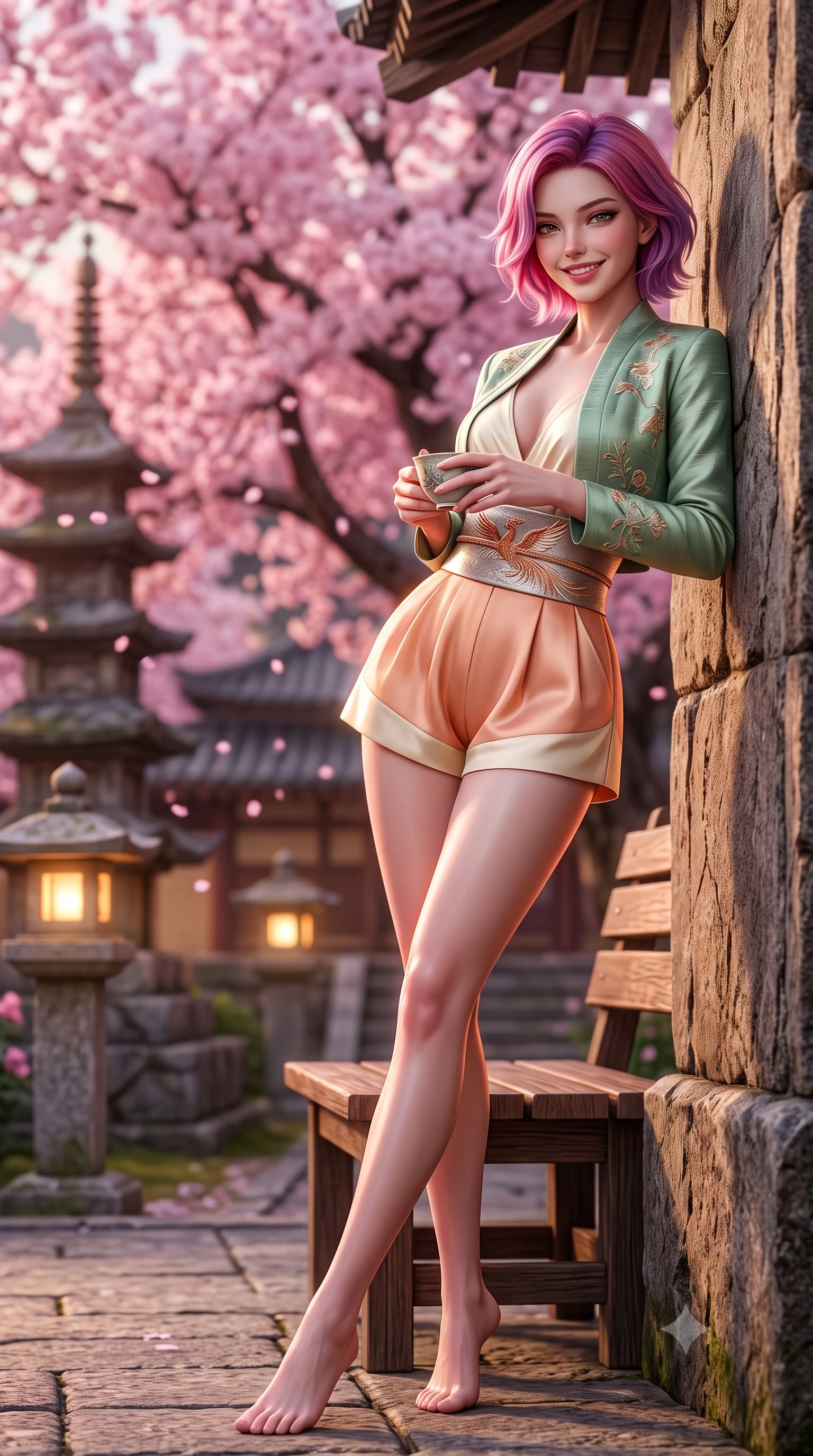 score_9, masterpiece, best quality, ultra-detailed, high-budget anime keyframe, semi-realistic 3D game render, editorial fashion photography, tasteful artistic composition, Caucasian woman. low angle full-body shot from head to toe showing her feet, filling the entire 9:16 vertical frame with her statuesque presence, stretching her vertical silhouette. leaning deep against the ancient temple wall with hips cocked back in an unapologetically alluring high-fashion stance, flashing a warm beaming smile while lounging on an outdoor bench holding an antique teacup with both hands, her long slender legs and hourglass curves commanding the spring terrace. The background shows a soft-focus drifting pink cherry blossoms from a massive blooming tree and historic temple stone pagodas blurred into sakura pink, honey, and charcoal bokeh. She has an absolutely perfect, statuesque 8.5-heads proportion, an exceptionally tall and slender model-like female figure with impossibly long slender legs, an ultra-slim waist, a flat toned midriff, narrow delicate ribcage, and beautifully sculpted feminine hips creating a graceful, slim hourglass silhouette without any bulky heaviness. sharp v-shaped jawline, high-bridge nose, intricate jewel-like dark sparkling almond eyes with depth, thick lashes, glossy parted lips with a natural rose-plum sheen, bright alluring and coquettish smile with bedroom-eyes, exuding both timeless oriental elegance and sovereign high-fashion allure, flawlessly proportioned anatomical accuracy, strict slender model proportions, natural body alignment, perfectly sculpted long slender limbs, ultra-slim waistline, clean dynamic posture without body distortion. wearing a cropped embroidered silk jacket worn over a plunging camisole top and tailored high-waisted hot-pants in warm peach apricot and soft vanilla silk, tailored from smooth celadon raw silk with natural organic slub texture, finished with a wide metallic obi sash with intricate embroidered phoenix motifs, the form-fitting tailored bodice adhering flawlessly to her sculpted flat midriff and slender torso, emphasizing her long leg lines and perfectly proportioned willowy build. illuminated by garden stone lantern fills and sharp rose-gold rim lights sculpting her razor-sharp jawline, narrow waist, and curvy hips. highly saturated vibrant anime colors, detailed shading with soft gradients, rich glossy textures, high-contrast stereoscopic depth, volumetric dynamic lighting, master piece, 9:16 ratio