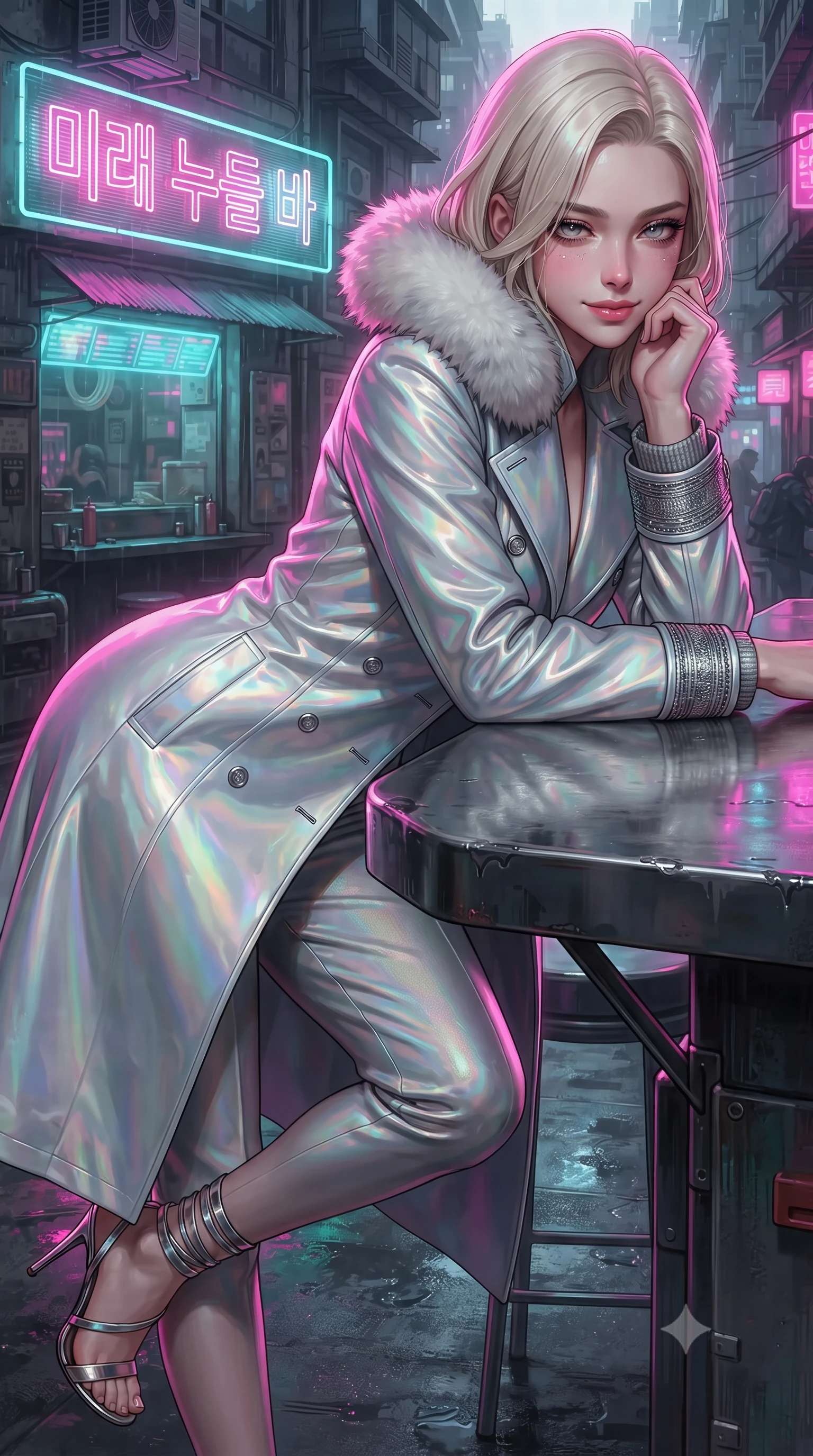 score_9, masterpiece, best quality, ultra-detailed, high-budget anime keyframe, editorial fashion photography, tasteful artistic composition, Caucasian woman. close-up cowboy shot from the waist and thighs up, the character dominates the composition, filling the frame with her large presence. resting one elbow on the table and supporting her chin, leaning close to the camera with heavy-lidded sparkling eyes and parted lips while twisting her slender torso in an alluring contrapposto stance, flashing pink and cyan holographic noodle bar signs casting vibrant reflections on her narrow waist and hips. The surrounding environment is rendered in vivid detail and crisp panoramic clarity: detailed tactical trench coat tailoring, wet patent leather sheen, and gritty hyper-dense urban architecture in razor-sharp precision. She has an exceptionally elegant, slender, and willowy female figure with an ultra-slim waist, flat toned midriff, narrow ribcage, and sculpted feminine hips creating an alluring, slim hourglass silhouette without bulk. sharp v-shaped jawline, high-bridge nose, intricate jewel-like sparkling eyes with depth, thick eyelashes, glossy parted lips with a natural peach sheen, bright cheerful beaming smile with an enchanting and coquettish sensual glint, exuding both youthful cute charm and seductive allure, flawlessly proportioned anatomical accuracy, strict slender model proportions, natural body alignment, perfectly sculpted long slender limbs, ultra-slim waistline, clean dynamic posture without body distortion. wearing a futuristic double-breasted arctic combat officer greatcoat with thermal fur-lined collar and tailored wool trousers in iridescent mother-of-pearl and liquid molten silver, tailored from high-density tech-wool with subtle metallic thread weave, complemented by strappy stiletto sandals with metallic ankle wraps accentuating her slender calves, the bespoke structured tailoring following the natural line of her 8.5-heads silhouette with refined elegance. illuminated by wet metal reflection bounce and sharp neon-magenta rim lights defining her razor-sharp jawline, narrow waist, and curvy hips. ultra-reflective glossy finish, specular highlights, rich textural contrasts, high-contrast stereoscopic depth, volumetric dynamic lighting, 2k, ultra detail, master piece, 9:16 ratio
