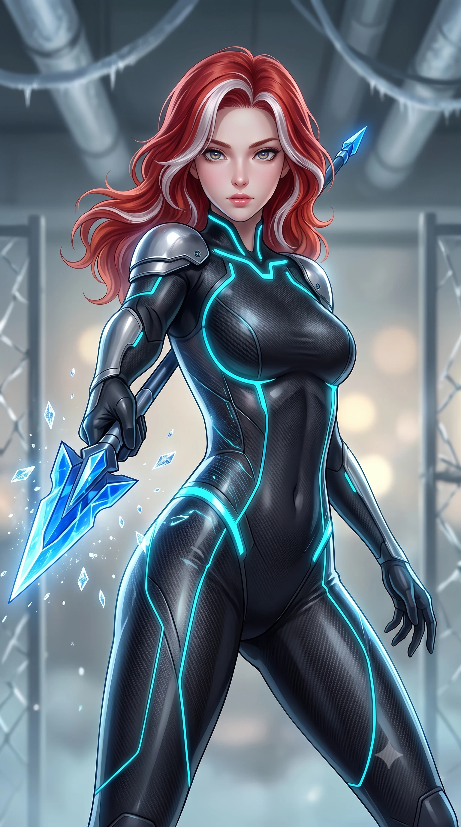 score_9, masterpiece, best quality, ultra-detailed, high-budget anime keyframe, semi-realistic 3D game render, editorial fashion photography, tasteful artistic composition, Caucasian woman. close-up cowboy shot from the waist and thighs up, the character dominates the composition, filling the frame with her large presence. gazing forward with divine sovereign poise, captivating jewel-like eyes shining with transcendent focus while holding her weapon with effortless mastery while pivoting dynamically as she thrusts the cryo-spear forward, leaving a trail of diamond frost crystals hanging in the air. The composition keeps background elements in soft focus with creamy bokeh. shattered security barriers and overhead frosted conduits softened in quiet atmospheric focus. She has an exceptionally elegant, slender, and willowy female figure with an ultra-slim waist, a gracefully sculpted slender torso, toned flat midriff, and a refined slim silhouette. sharp v-shaped jawline, high-bridge nose, intricate jewel-like eyes with depth, thick eyelashes, glossy lips with a natural sheen, flawlessly proportioned anatomical accuracy, strict slender model proportions, natural body alignment, perfectly sculpted long slender limbs, ultra-slim waistline, clean dynamic posture without body distortion. wearing an aerodynamic matte-black carbon-fiber bodysuit with glowing neon cyan conduit lines, reinforced by polished titanium pauldrons, wielding a sleek holographic plasma katana with a brilliant energy blade in electric cobalt blue carbon with polished platinum trim, crafted from semi-translucent cybernetic carbon-vinyl interwoven with glowing micro-filaments, accented with glowing fiber-optic conduits tracing her collarbones and hip curves, the glove-like aerodynamic second-skin fit tightly clinging to her ultra-slender waist and athletic curves without adding bulk, accentuating her razor-sharp statuesque lines and slim hourglass silhouette. illuminated by crisp specular ice refractions outlining her ultra-slim waist, long legs, and flat midriff. rich saturated anime colors with glowing neon highlights, detailed shading with soft gradients, rich glossy textures, high-contrast stereoscopic depth, volumetric dynamic lighting, master piece, 9:16 ratio