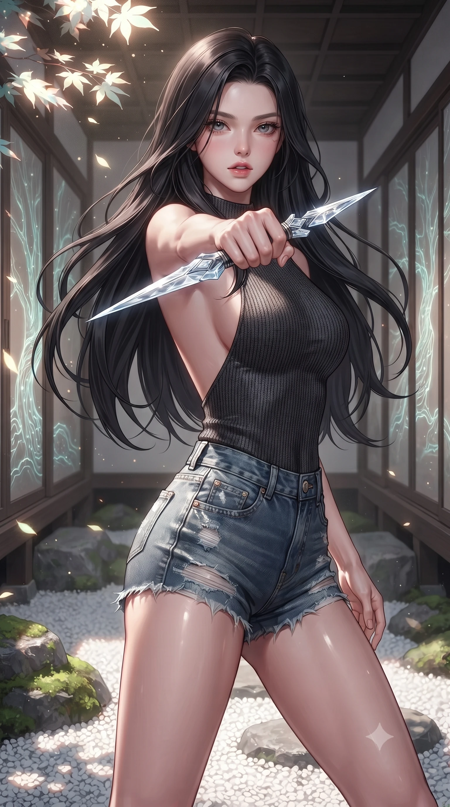 score_9, masterpiece, best quality, ultra-detailed, high-budget anime keyframe, editorial fashion photography, tasteful artistic composition, Korean woman. close-up cowboy shot from the waist and thighs up, the character dominates the composition, filling the frame with her large presence, background elements kept in soft focus. pointing a crystal-edged laser dagger forward in a defensive stance, tilting her chin up slightly with lips parted in a composed pose, the background shows a soft-focus a rock garden corridor with sliding doors showing digital banyan roots. She has an exceptionally elegant, slender, and willowy female figure with an ultra-slim waist, a gracefully sculpted slender torso, and a refined silhouette. sharp v-shaped jawline, high-bridge nose, intricate jewel-like eyes with depth, thick eyelashes, glossy lips with a natural sheen. wearing a slim-fit backless carbon-fiber knit top in charcoal wool, paired with high-waisted denim micro-shorts. dappled sunlight filtering through glowing leaves onto the white gravel path. ultra-reflective glossy finish, specular highlights, metallic sheen, high-contrast stereoscopic depth, volumetric dynamic lighting, 2k, ultra detail, master piece, 9:16 ratio
