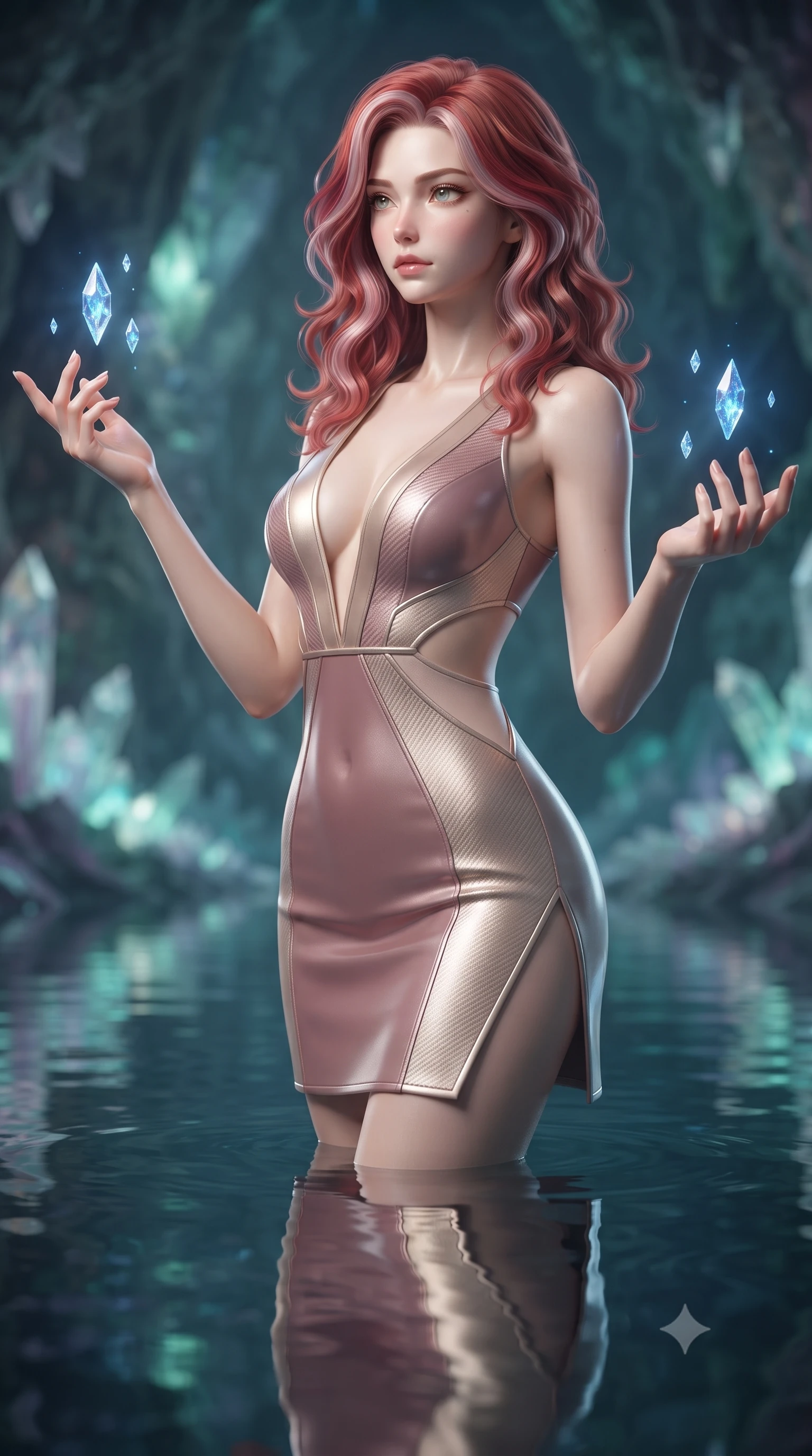 score_9, masterpiece, best quality, ultra-detailed, high-budget anime keyframe, editorial fashion photography, tasteful artistic composition, Caucasian woman. close-up cowboy shot from the waist and thighs up, the character dominates the composition, filling the frame with her large presence, background elements kept in soft focus. Gazing past the camera with an air of effortless elegance and mysterious confidence guiding floating sapphire light crystals inside a deep mineral sanctuary, still mirror-like water below reflecting her statuesque figure flawlessly. She has an exceptionally elegant, slender, and willowy female figure with an ultra-slim waist, a gracefully sculpted slender torso, and a refined silhouette. sharp v-shaped jawline, high-bridge nose, intricate jewel-like eyes with depth, thick eyelashes, glossy lips with a natural sheen. wearing a liquid mercury gloss mini dress with ultra-deep V-neck and waist cutouts in dusty rose and champagne gold, made of fine carbon-fiber weave and soft matte leather, finished with a sleek side slit ascending to mid-thigh, the sleek second-skin texture accentuating her magnetic presence. surrounded by a cool jewel-toned luminescence with bright specular rim lights. ultra-reflective glossy finish, specular highlights, metallic sheen, high-contrast stereoscopic depth, volumetric dynamic lighting, 2k, ultra detail, master piece, 9:16 ratio