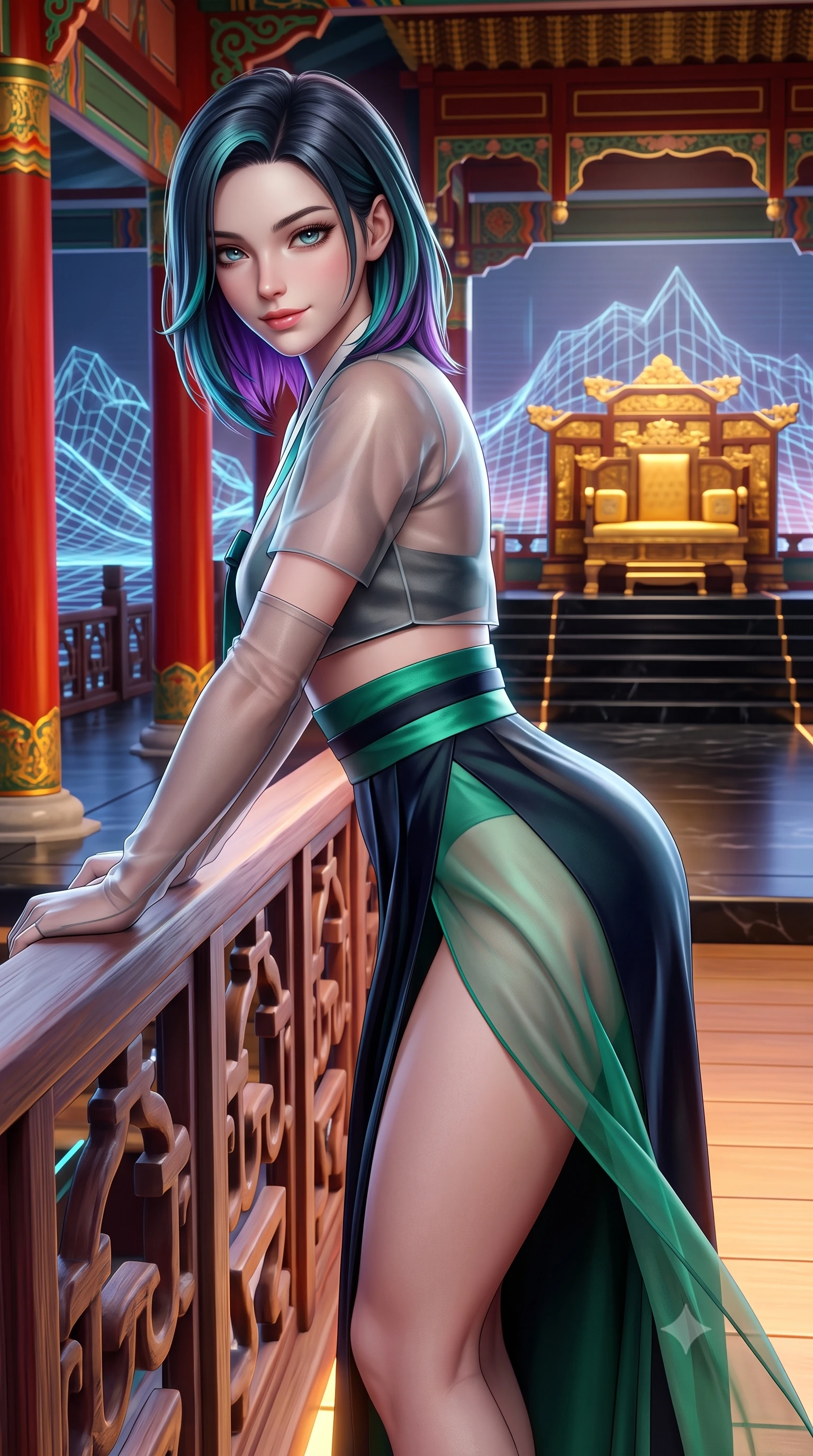 score_9, masterpiece, best quality, ultra-detailed, high-budget anime keyframe, semi-realistic 3D game render, editorial fashion photography, tasteful artistic composition, Caucasian woman. close-up cowboy shot from the waist and thighs up, the character dominates the composition, filling the frame with her large presence. leaning forward over the carved veranda balustrade while arching her lower back to accentuate her curvy hips, looking into the camera with an enchanting coquettish smile and bedroom-eyes while standing poised before the elevated golden throne dais, arching her spine with sovereign empress majesty as holographic cosmic peaks glow. The surrounding environment is rendered in vivid detail and crisp panoramic clarity: sharp red-and-gold royal column lacquer, holographic mountain wireframe lines, and polished black stone dais steps in deep focus. She has an exceptionally elegant, slender, and willowy female figure with an ultra-slim waist, flat toned midriff, narrow ribcage, and sculpted feminine hips creating an alluring, slim hourglass silhouette without bulk. sharp v-shaped jawline, high-bridge nose, intricate jewel-like dark sparkling almond eyes with depth, thick lashes, glossy parted lips with a natural rose-plum sheen, bright alluring and coquettish smile with bedroom-eyes, exuding both timeless oriental elegance and sovereign high-fashion allure, flawlessly proportioned anatomical accuracy, strict slender model proportions, natural body alignment, perfectly sculpted long slender limbs, ultra-slim waistline, clean dynamic posture without body distortion. wearing a cropped semi-sheer silk organza jeogori top paired with an ultra-high-waisted wrapped chima skirt featuring a dramatic thigh-high side slit in deep midnight obsidian and luminous imperial jade green, tailored from sheer gossamer silk organza with an airy weightless flutter, complemented by delicate sheer silk fingerless gloves reaching past her elbows, the precision-cut side hip slits and low-back scoop framing her graceful spine and the sensual sweep of her slim, toned hips. illuminated by under-floor warm uplighting and sharp platinum rim lights carving her razor-sharp jawline, narrow waist, and curvy hips. highly saturated vibrant anime colors, detailed shading with soft gradients, rich glossy textures, high-contrast stereoscopic depth, volumetric dynamic lighting, master piece, 9:16 ratio