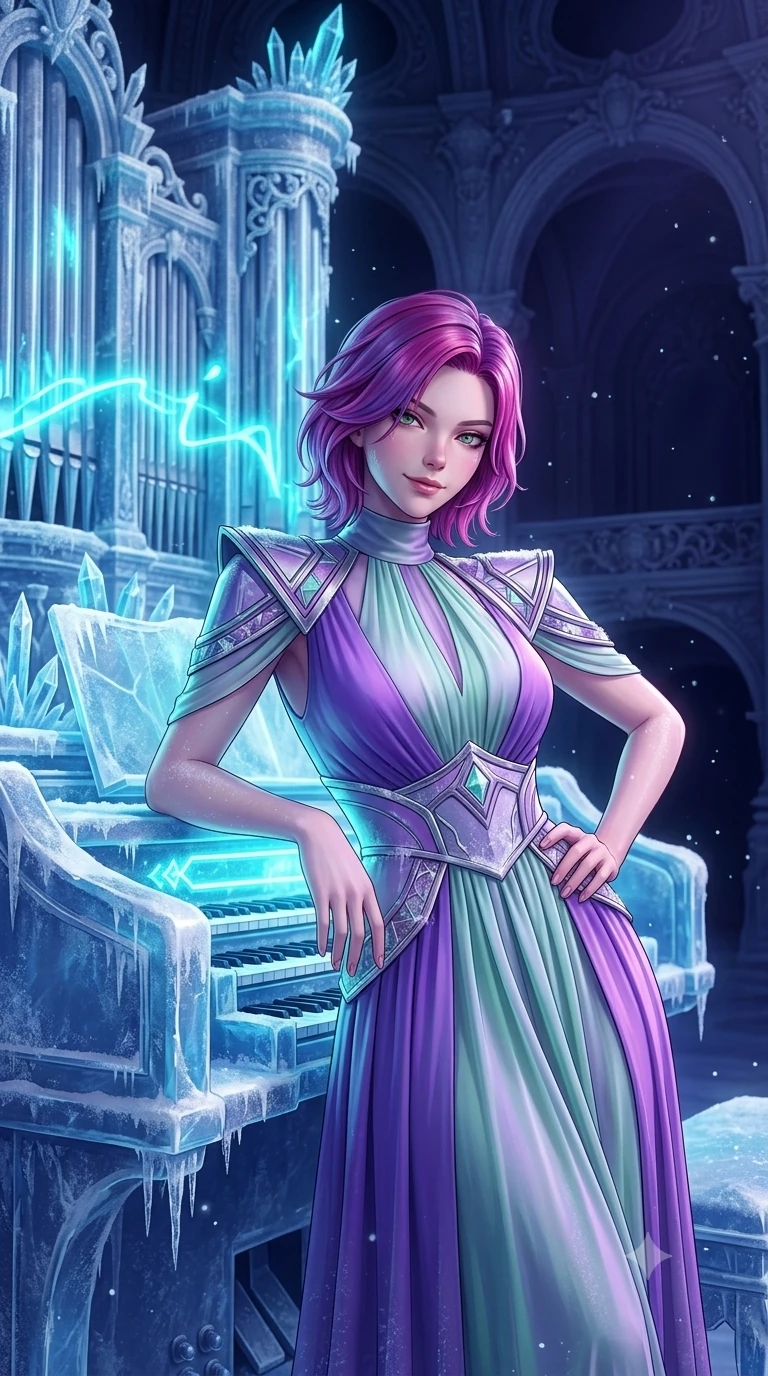 score_9, masterpiece, best quality, ultra-detailed, high-budget anime keyframe, semi-realistic 3D game render, editorial fashion photography, tasteful artistic composition, Caucasian woman. close-up cowboy shot from the waist and thighs up, the character dominates the composition, filling the frame with her large presence. tilting her head with a teasing half-smile, running one hand slowly down the side of her hip in a flirtatious S-curve as ambient light caresses her silhouette while leaning against the crystalline ice organ console with hips cocked back, gazing out across the frost-dusted auditorium with smoldering bedroom-eyes. The surrounding environment is rendered in vivid detail and crisp panoramic clarity: detailed anime keyframe lines, rich fabric textures, and monumental frozen baroque architecture in razor-sharp precision. She has an exceptionally elegant, slender, and willowy female figure with an ultra-slim waist, flat toned midriff, narrow ribcage, and sculpted feminine hips creating an alluring, slim hourglass silhouette without bulk. sharp v-shaped jawline, high-bridge nose, intricate jewel-like sparkling eyes with depth, thick eyelashes, glossy parted lips with a natural peach sheen, bright cheerful beaming smile with an enchanting and coquettish sensual glint, exuding both youthful cute charm and seductive allure, flawlessly proportioned anatomical accuracy, strict slender model proportions, natural body alignment, perfectly sculpted long slender limbs, ultra-slim waistline, clean dynamic posture without body distortion. wearing an elegant high-neck silk georgette diplomatic gown with structured geometric shoulder plates and pleated A-line skirt in phosphorescent ultraviolet amethyst and mint green, crafted from bespoke double-faced cashmere with an exceptionally soft tactile finish, finished with sleek magnetic buckle closures fluttering in the breeze, the impeccably tailored cut draping gracefully along her slender figure with aristocratic poise. bathed in high-contrast cyan neon aria pulses contrasted with deep velvety indigo stage shadows. highly saturated vibrant anime colors, detailed shading with soft gradients, rich glossy textures, high-contrast stereoscopic depth, volumetric dynamic lighting, master piece, 9:16 ratio