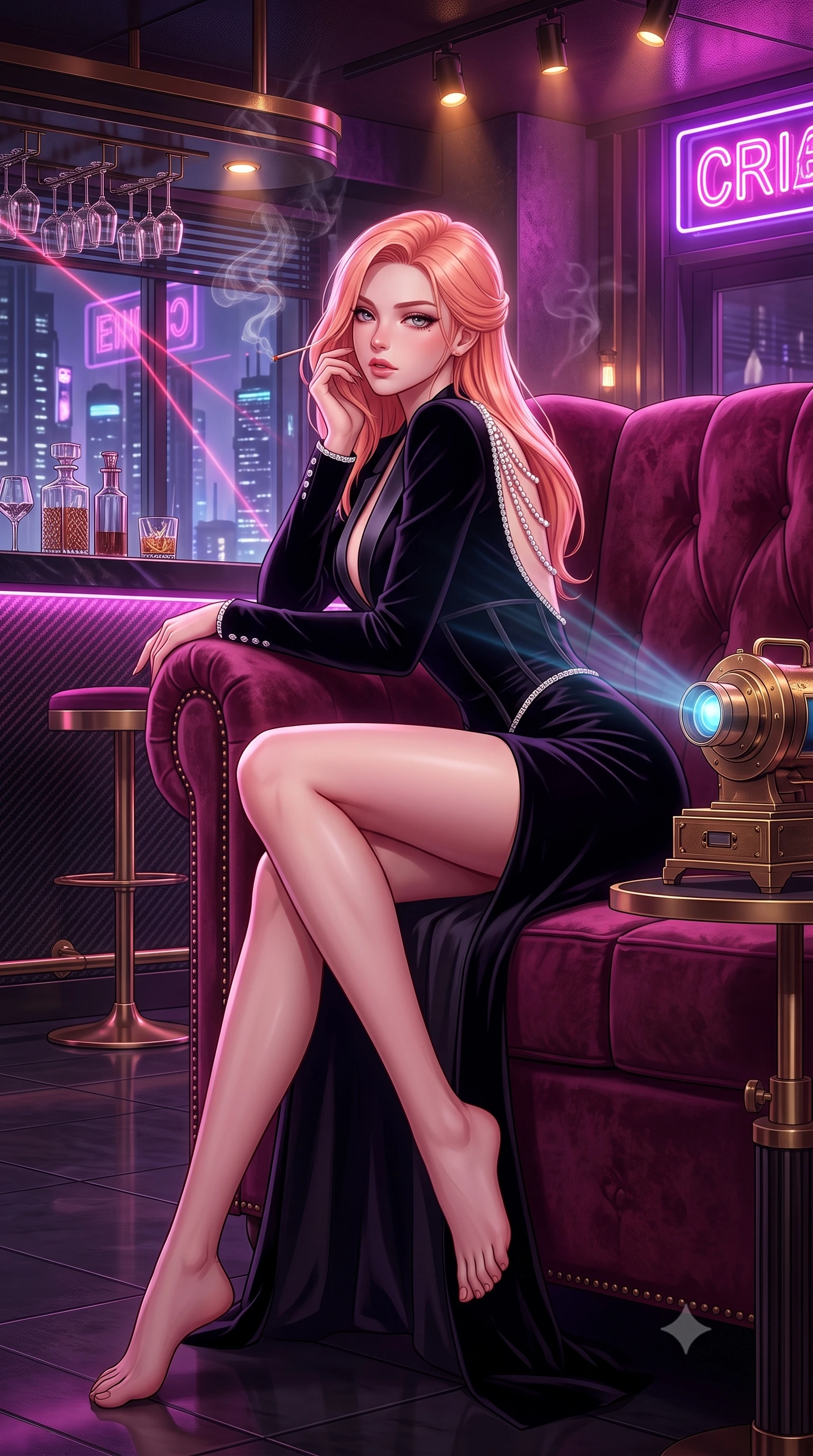 score_9, masterpiece, best quality, ultra-detailed, high-budget anime keyframe, semi-realistic 3D game render, editorial fashion photography, tasteful artistic composition, Japanese woman. low angle full-body shot from head to toe showing her feet, filling the entire 9:16 vertical frame with her statuesque presence, stretching her vertical silhouette. reclining on her side in an elegant Cleopatra pose with one knee drawn up, the dramatic contour of her rounded hips and long slender legs commanding the 9:16 vertical frame while standing poised beside the brass holo-projector, twisting her upper body in an alluring S-curve as laser beams filter through cigar smoke. The surrounding environment is rendered in vivid detail and crisp panoramic clarity. sharp carbon-fiber bar counter reflections, crystal glass facets, and brass hardware in deep focus. She has an exceptionally tall and slender model-like 8.5-heads proportion, an ultra-slim waist, a flat toned midriff, narrow delicate ribcage, and beautifully sculpted feminine hips creating a graceful, slim hourglass silhouette without any bulky heaviness, with impossibly long slender legs. sharp v-shaped jawline, high-bridge nose, intricate jewel-like eyes with depth, thick eyelashes, glossy parted lips with a natural sheen, intensely captivating and seductive bedroom-eyes expression, flawlessly proportioned anatomical accuracy, strict slender model proportions, natural body alignment, perfectly sculpted long slender limbs, ultra-slim waistline, clean dynamic posture without body distortion. wearing a tailored velvet tuxedo jacket dress with satin lapels, worn with a deep plunge neckline and gold hip buckle in pitch-black velvet with diamond crystal trim, made of fluid silk crepe with delicate inner corsetry boning, accented with a multi-strand pearl back necklace cascading down her bare spine to her hips, the form-contouring material adhering flawlessly to her sculpted flat midriff and slender torso, emphasizing her long leg lines and perfectly proportioned willowy build. bathed in rich magenta and electric violet neon light contrasting with warm amber bar downlights. highly saturated vibrant anime colors, detailed shading with soft gradients, rich glossy textures, high-contrast stereoscopic depth, volumetric dynamic lighting, master piece, 9:16 ratio