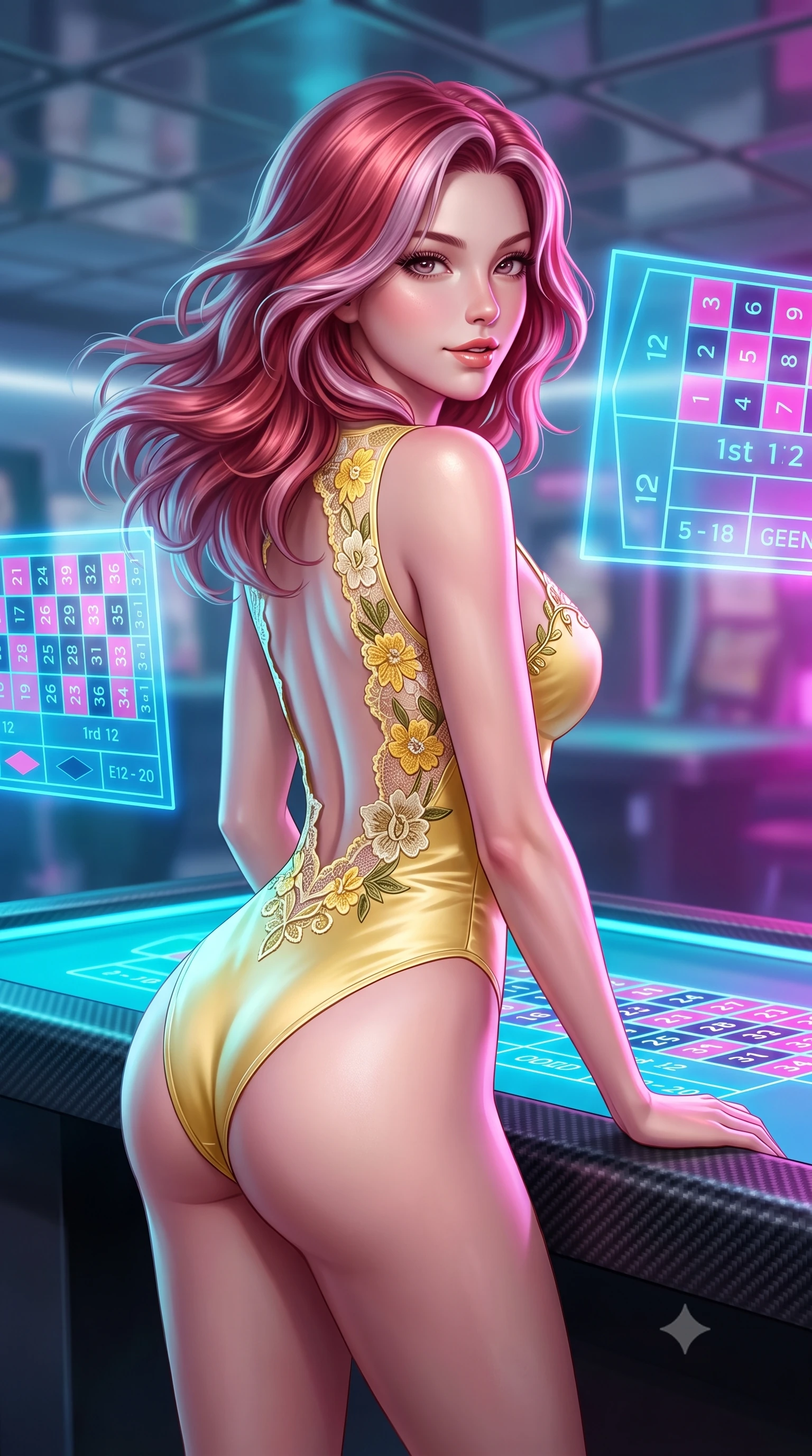 score_9, masterpiece, best quality, ultra-detailed, high-budget anime keyframe, semi-realistic 3D game render, editorial fashion photography, tasteful artistic composition, Caucasian woman. close-up cowboy shot from the waist and thighs up, the character dominates the composition, filling the frame with her large presence. turning slowly with an enchanting smoldering smile, her glossy hair tossing in the breeze as her hips angle gracefully in a captivating contrapposto while leaning over the sleek carbon table edge with hips cocked back, looking through floating neon betting grids with an irresistible bedroom-smile. The background shows a soft-focus mirrored ceiling panels softened in futuristic cyberpunk shallow focus. She has an exceptionally elegant, slender, and willowy female figure with an ultra-slim waist, flat toned midriff, narrow ribcage, and sculpted feminine hips creating an alluring, slim hourglass silhouette without bulk. sharp v-shaped jawline, high-bridge nose, sparkling eyes with hypnotic seductive depth, thick curled eyelashes, glossy parted lips with a natural dewy peach sheen, alluring bedroom-eyes with an enchanting coquettish smile, exuding magnetic siren charisma and sophisticated glamour, flawlessly proportioned anatomical accuracy, strict slender model proportions, natural body alignment, perfectly sculpted long slender limbs, ultra-slim waistline, clean dynamic posture without body distortion. wearing a backless stretch lace botanical leotard with high-cut leg openings and delicate floral embroidery framing her spine in sunlit daisy yellow and gardenia cream with olive accents, crafted from fluid liquid silk satin that clings smoothly to every curve with a dewy sheen, finished with delicate floral vine embroidery tracing along her sweetheart neckline with intimate elegance, the liquid-tight tailored fabric clinging flawlessly to her narrow waist and rounded feminine hips, emphasizing every millimeter of her sculpted slim hourglass curves without any bulky heaviness. bathed in vibrant cyan and magenta light radiating directly from embedded table displays. highly saturated vibrant anime colors, detailed shading with soft gradients, rich glossy textures, high-contrast stereoscopic depth, volumetric dynamic lighting, master piece, 9:16 ratio