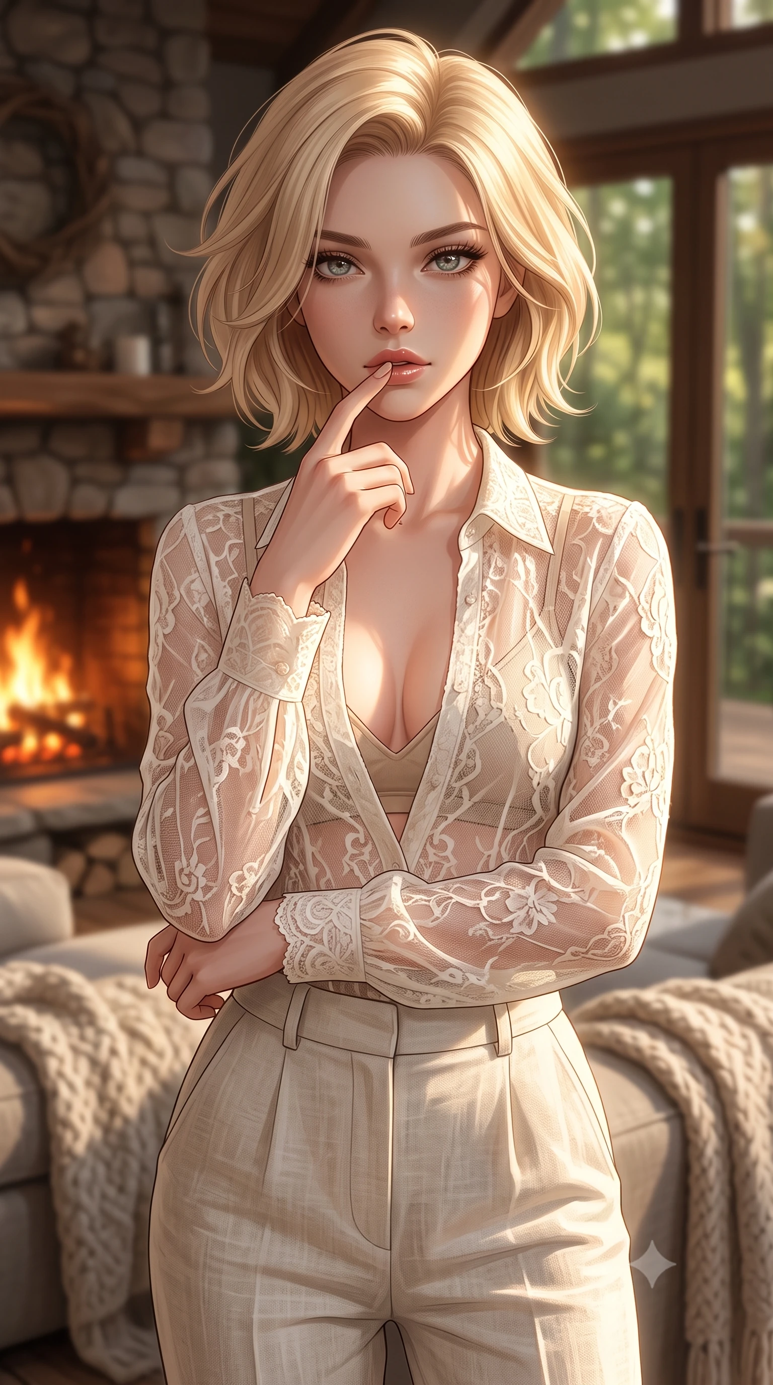 score_9, masterpiece, best quality, ultra-detailed, high-budget anime keyframe, editorial fashion photography, tasteful artistic composition, Caucasian woman woman. close-up cowboy shot from the waist and thighs up, the character dominates the composition, filling the frame with her large presence, background elements kept in soft focus. pressing one finger to her bottom lip in a thoughtful, seductive gesture under the warm sun the background shows a soft-focus a cozy lounge with a rustic fireplace, soft blankets, and large glass doors facing a forest. She has an exceptionally elegant, slender, and willowy female figure with an ultra-slim waist, a gracefully sculpted slender torso, and a refined silhouette. sharp v-shaped jawline, high-bridge nose, intricate jewel-like eyes with depth, thick eyelashes, glossy lips with a natural sheen. wearing a tailored sheer lace blouse in ivory white, worn over a simple beige bralette and high-waisted linen trousers. the warm orange flicker of the hearth fire casting cozy shadows. 2k, ultra detail, master piece, 9:16 ratio