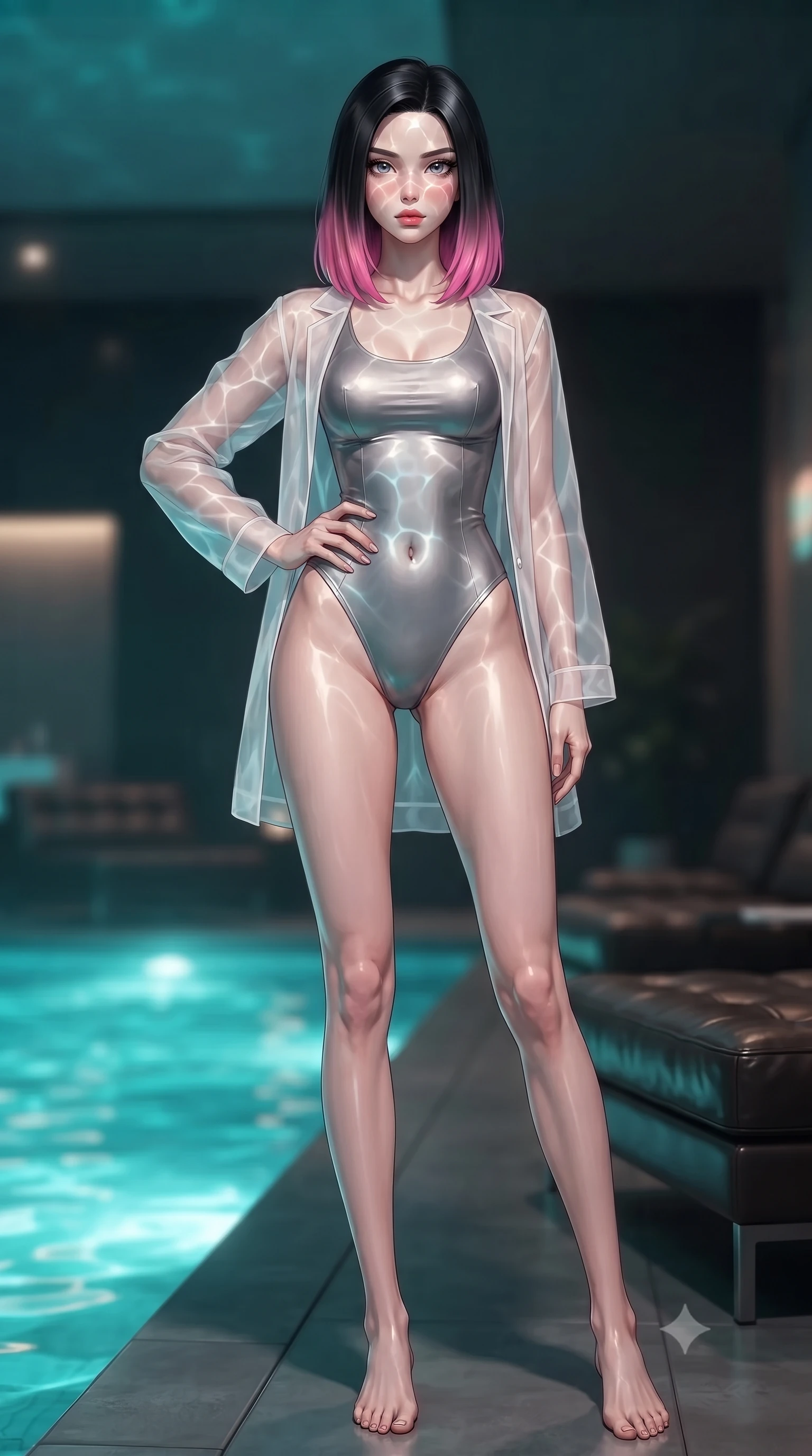 score_9, masterpiece, best quality, ultra-detailed, high-budget anime keyframe, editorial fashion photography, tasteful artistic composition, Korean woman. low angle full-body shot from head to toe showing her feet, filling the entire 9:16 vertical frame with her statuesque presence, stretching her vertical silhouette. posing confidently with one hand on her hip, stretching her statuesque body to emphasize her curves the background shows a soft-focus a retro-cyber pool room with glowing turquoise water and dark leather lounges. She has an absolutely perfect, statuesque 8.5-heads proportion, an exceptionally tall and slender model-like female figure with impossibly long slender legs and an ultra-slim waist. sharp v-shaped jawline, high-bridge nose, intricate jewel-like eyes with depth, thick eyelashes, glossy lips with a natural sheen. wearing a slim-fit sheer white organza resort cover-up worn over a form-fitting one-piece swimsuit, showing her elegant clavicle lines. rippling water reflections mapping across her features from below. ultra-reflective glossy finish, specular highlights, metallic sheen, high-contrast stereoscopic depth, volumetric dynamic lighting, 2k, ultra detail, master piece, 9:16 ratio