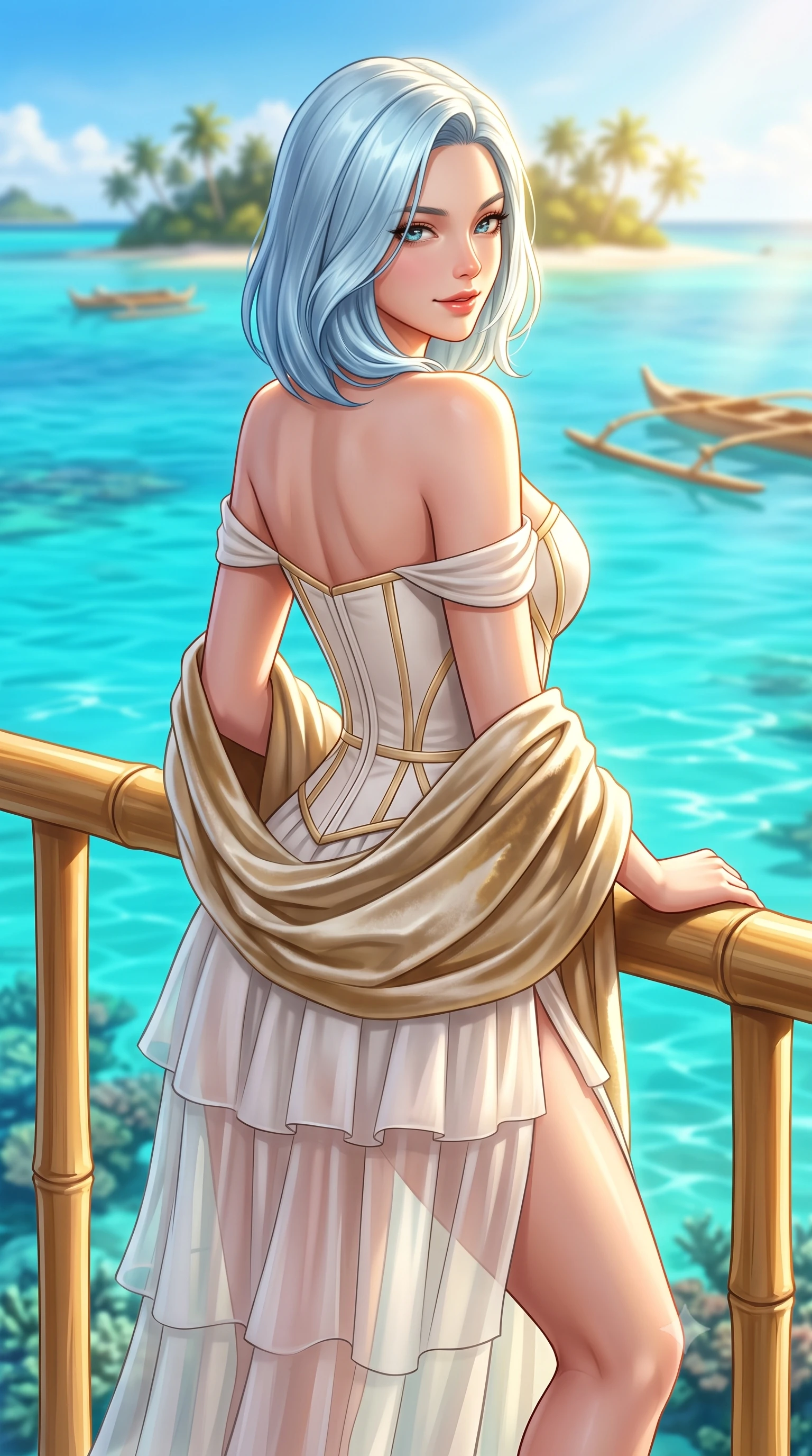 score_9, masterpiece, best quality, ultra-detailed, high-budget anime keyframe, semi-realistic 3D game render, editorial fashion photography, tasteful artistic composition, Korean woman. close-up cowboy shot from the waist and thighs up, the character dominates the composition, filling the frame with her large presence. turning over a bare shoulder with an intoxicating, teasing smile, her soft hair framing her sharp jawline as her hips angle gracefully while leaning against the polished bamboo balustrade with hips cocked, casting a sun-dazed, seductive bedroom-gaze over the translucent coral reef. The composition keeps background elements in soft focus with creamy bokeh. distant palm-fringed motu islets and floating outrigger canoes softened in exotic Polynesian shallow focus. She has an exceptionally elegant, slender, and willowy female figure with an ultra-slim waist, flat toned midriff, narrow ribcage, and sculpted feminine hips creating an alluring, slim hourglass silhouette without bulk. sharp v-shaped jawline, high-bridge nose, intricate jewel-like eyes with depth, thick eyelashes, glossy parted lips with a natural sheen, intensely captivating and seductive bedroom-eyes expression, flawlessly proportioned anatomical accuracy, strict slender model proportions, natural body alignment, perfectly sculpted long slender limbs, ultra-slim waistline, clean dynamic posture without body distortion. wearing an off-shoulder French court corset bodice dress paired with a tiered translucent chiffon slit skirt in pure alabaster white and sun-kissed gold, tailored from water-resistant treated wool gabardine and flexible stretch silk, complemented by a plush velvet shawl draped loosely over her elbows, the liquid-tight tailored fabric clinging flawlessly to her narrow waist and rounded feminine hips, emphasizing every millimeter of her sculpted slim hourglass curves without any bulky heaviness. bathed in brilliant South Pacific golden afternoon sunlight and vibrant turquoise water bounce fill. highly saturated vibrant anime colors, detailed shading with soft gradients, rich glossy textures, high-contrast stereoscopic depth, volumetric dynamic lighting, master piece, 9:16 ratio