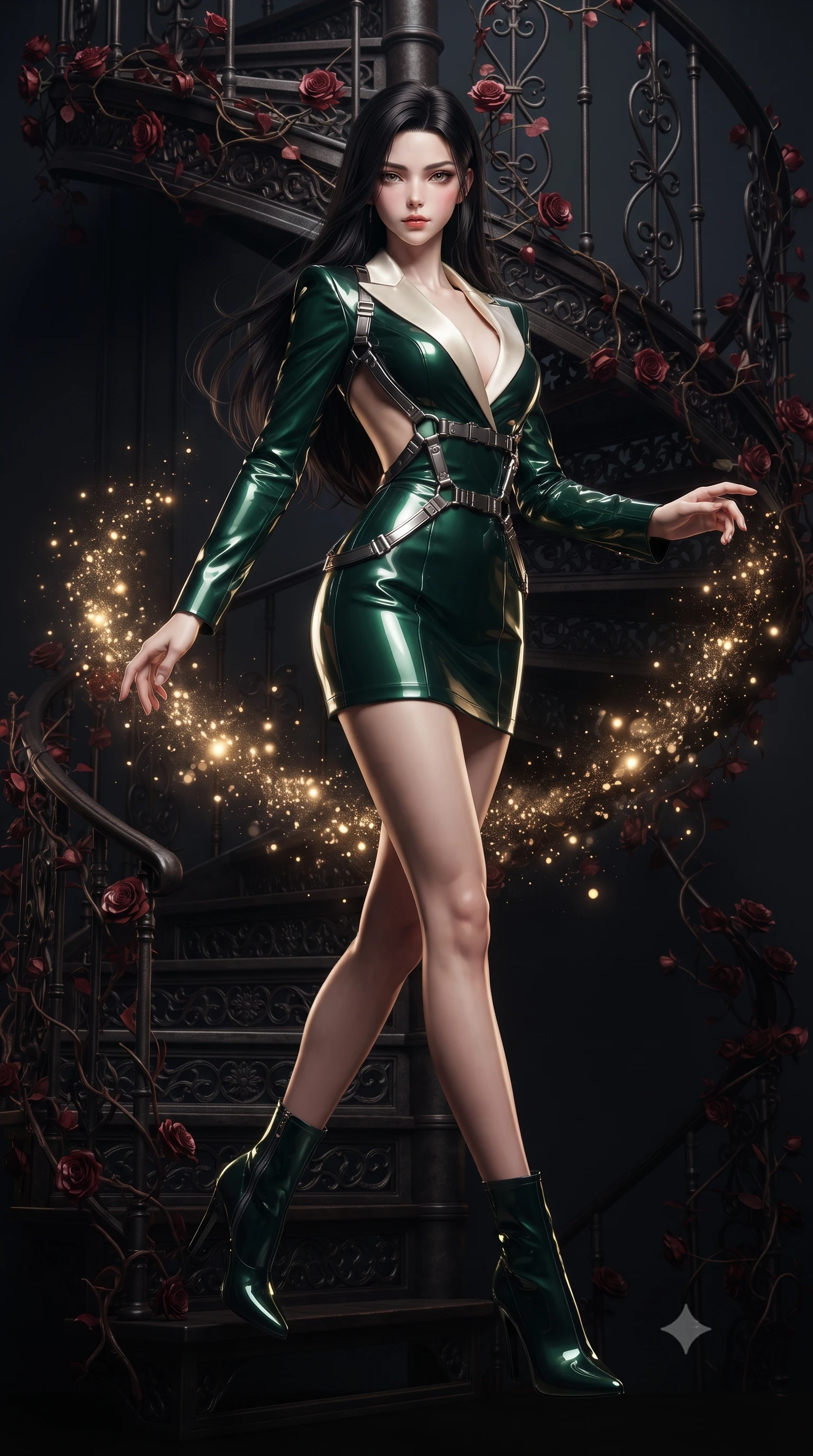 score_9, masterpiece, best quality, ultra-detailed, high-budget anime keyframe, editorial fashion photography, tasteful artistic composition, Korean woman. low angle full-body shot from head to toe showing her feet, filling the entire 9:16 vertical frame with her statuesque presence, stretching her vertical silhouette. interacting with glowing light particles, her long slender legs poised in motion, poised before a dark iron spiral staircase wrapped in dark red rose vines, daring open-back design accentuating her ultra-slim waistline. She has an absolutely perfect, statuesque 8.5-heads proportion, an exceptionally tall and slender model-like female figure with impossibly long slender legs and an ultra-slim waist. sharp v-shaped jawline, high-bridge nose, intricate jewel-like eyes with depth, thick eyelashes, glossy lips with a natural sheen. wearing tailored ivory tux dress with satin lapels and fitted waist in deep emerald green, made of high-gloss liquid vinyl, highlighted by a gunmetal metallic harness structure, highlighting her statuesque proportions and ultra-slim waistline. surrounded by dramatic chiaroscuro with sharp edge highlights on silk. ultra-reflective glossy finish, specular highlights, metallic sheen, high-contrast stereoscopic depth, volumetric dynamic lighting, 2k, ultra detail, master piece, 9:16 ratio