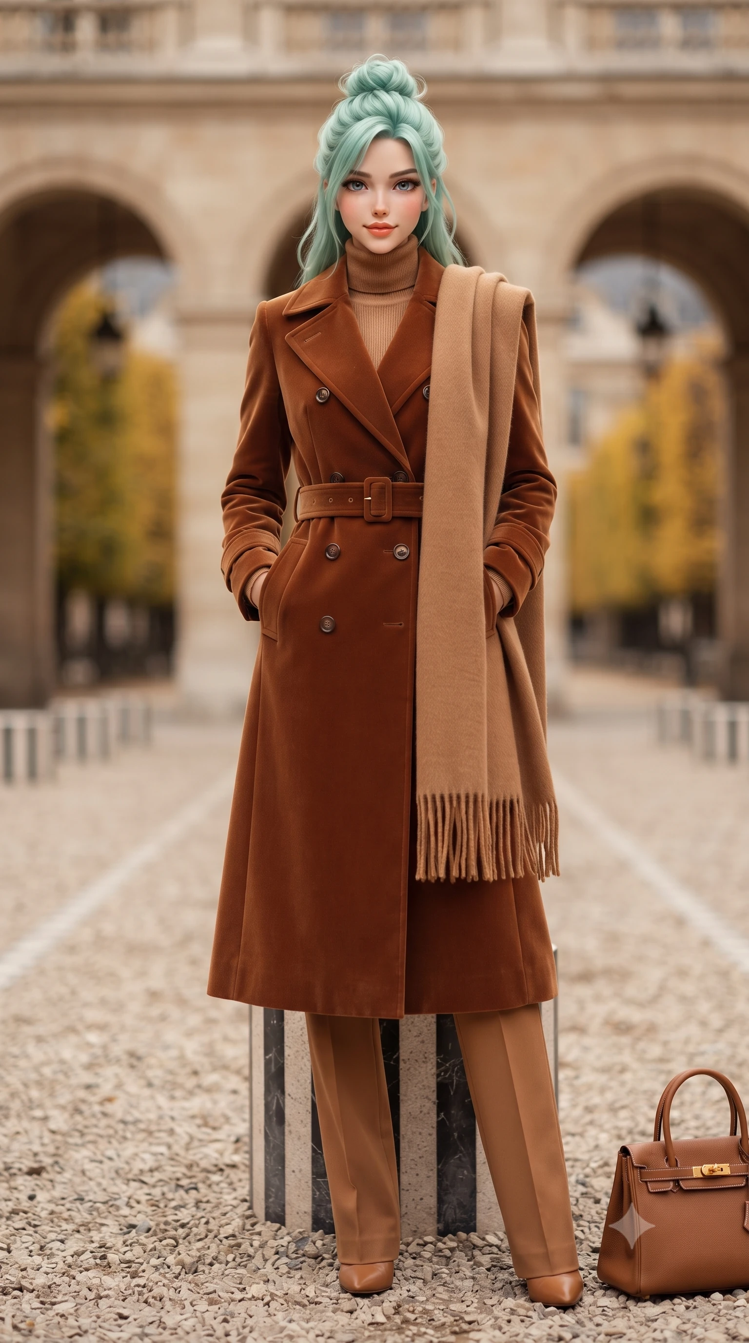 score_9, masterpiece, best quality, ultra-detailed, high-budget anime keyframe, editorial fashion photography, tasteful artistic composition, Japanese woman. low angle full-body shot from head to toe showing her feet, filling the entire 9:16 vertical frame with her statuesque presence, stretching her vertical silhouette. walking briskly with tall supermodel strides, one hand holding her leather bag and the other swinging with energetic charm while pausing at the edge of the striped Buren columns, striking a commanding fashion editorial stance with hands in tailored coat pockets. The background shows a soft-focus receding rows of stone arches, golden clipped linden tree alleys, and historic palace facades blurred into sandstone, marigold, and sky grey bokeh. She has an exceptionally tall and slender model-like 8.5-heads proportion, an ultra-slim waist, a flat toned midriff, narrow delicate ribcage, and beautifully sculpted feminine hips creating a graceful, slim hourglass silhouette without any bulky heaviness, with impossibly long slender legs. sharp v-shaped jawline, high-bridge nose, intricate jewel-like sparkling eyes with depth, thick eyelashes, glossy parted lips with a natural peach sheen, bright cheerful beaming smile with an enchanting and coquettish sensual glint, exuding both youthful cute charm and seductive allure, flawlessly proportioned anatomical accuracy, strict slender model proportions, natural body alignment, perfectly sculpted long slender limbs, ultra-slim waistline, clean dynamic posture without body distortion. wearing a classic double-breasted trench coat with a cinched waist belt worn over a fine-knit cashmere turtleneck and tailored trousers in warm winter cinnamon and toasted caramel, crafted from rich cotton velvet with deep light-absorbing pile and soft gradients, accented with a wide brushed cashmere fringe scarf draped elegantly over one shoulder, the precision-cut high-waisted tailoring accentuating her ultra-slim waist and long slender leg line with immaculate aristocratic poise. illuminated by pale gravel courtyard bounce and sharp warm-gold rim lights defining her cheekbones and statuesque model proportions. ultra-reflective glossy finish, specular highlights, rich textural contrasts, high-contrast stereoscopic depth, volumetric dynamic lighting, 2k, ultra detail, master piece, 9:16 ratio