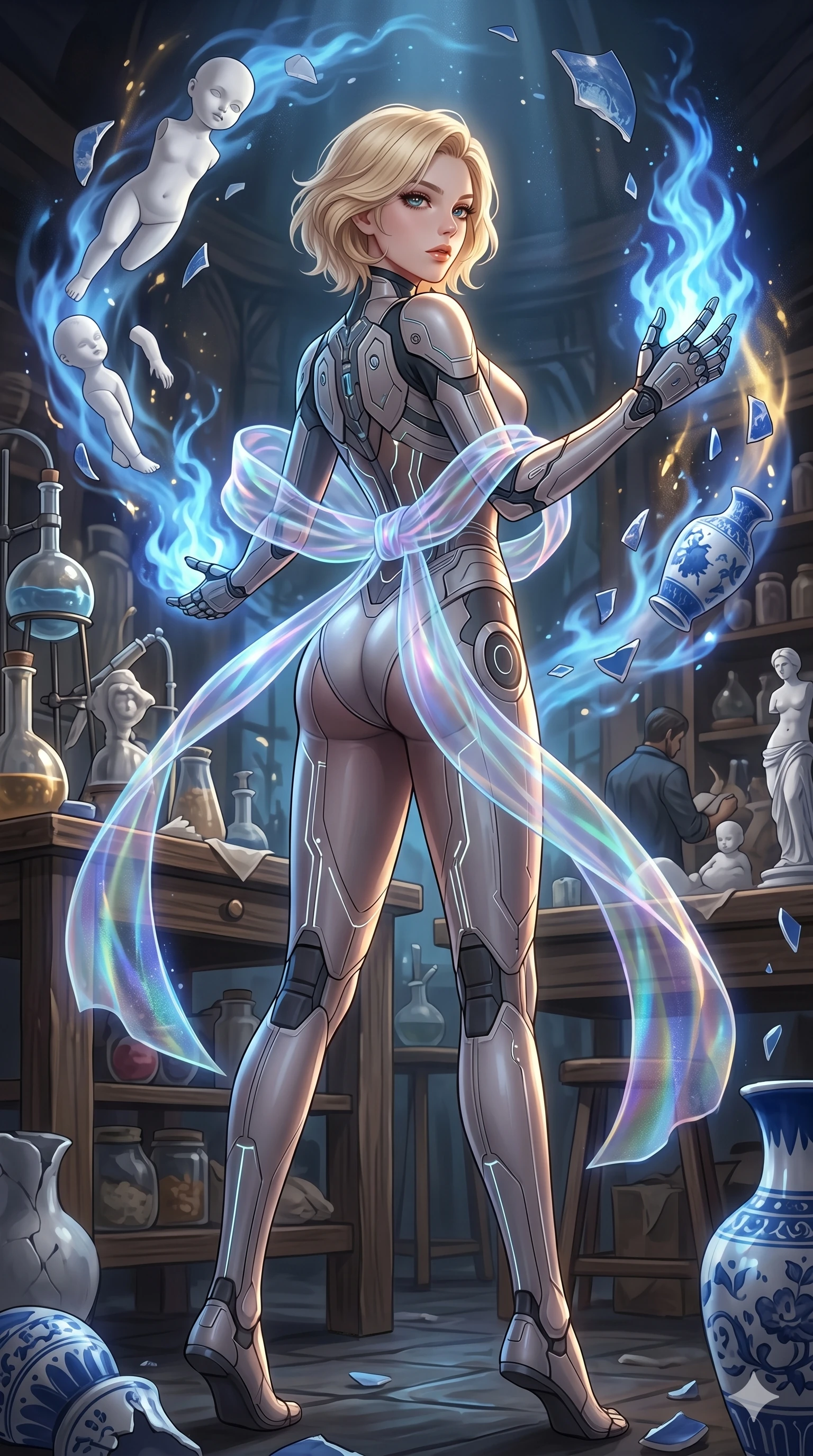 score_9, masterpiece, best quality, ultra-detailed, high-budget anime keyframe, Korean woman. low angle full-body shot filling the entire 9:16 frame with her statuesque presence, stretching the vertical silhouette. assisting in an alchemical porcelain workshop where floating white bisque doll parts and blue porcelain shards swirl amidst blue alchemical flames. She has an absolutely perfect 8-heads proportion, an exceptionally tall and slender female figure with impossibly long slender legs and an ultra-slim waist. V-shaped jawline, high-bridge nose, intricate jewel-like eyes with depth, thick eyelashes, glossy lips with a natural sheen.. wearing a cybernetic bodysuit with a holographic ribbon, featuring a skin-tight contouring bodysuit wrapped in a translucent flowing holographic organza ribbon. illuminated by dramatic chiaroscuro casting soft shadows along her curves, with vibrant backlighting highlighting the dust particles. 2k, ultra detail, master piece, 9:16 ratio