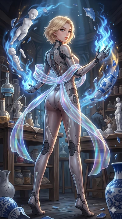 score_9, masterpiece, best quality, ultra-detailed, high-budget anime keyframe, Korean woman. low angle full-body shot filling the entire 9:16 frame with her statuesque presence, stretching the vertical silhouette. assisting in an alchemical porcelai