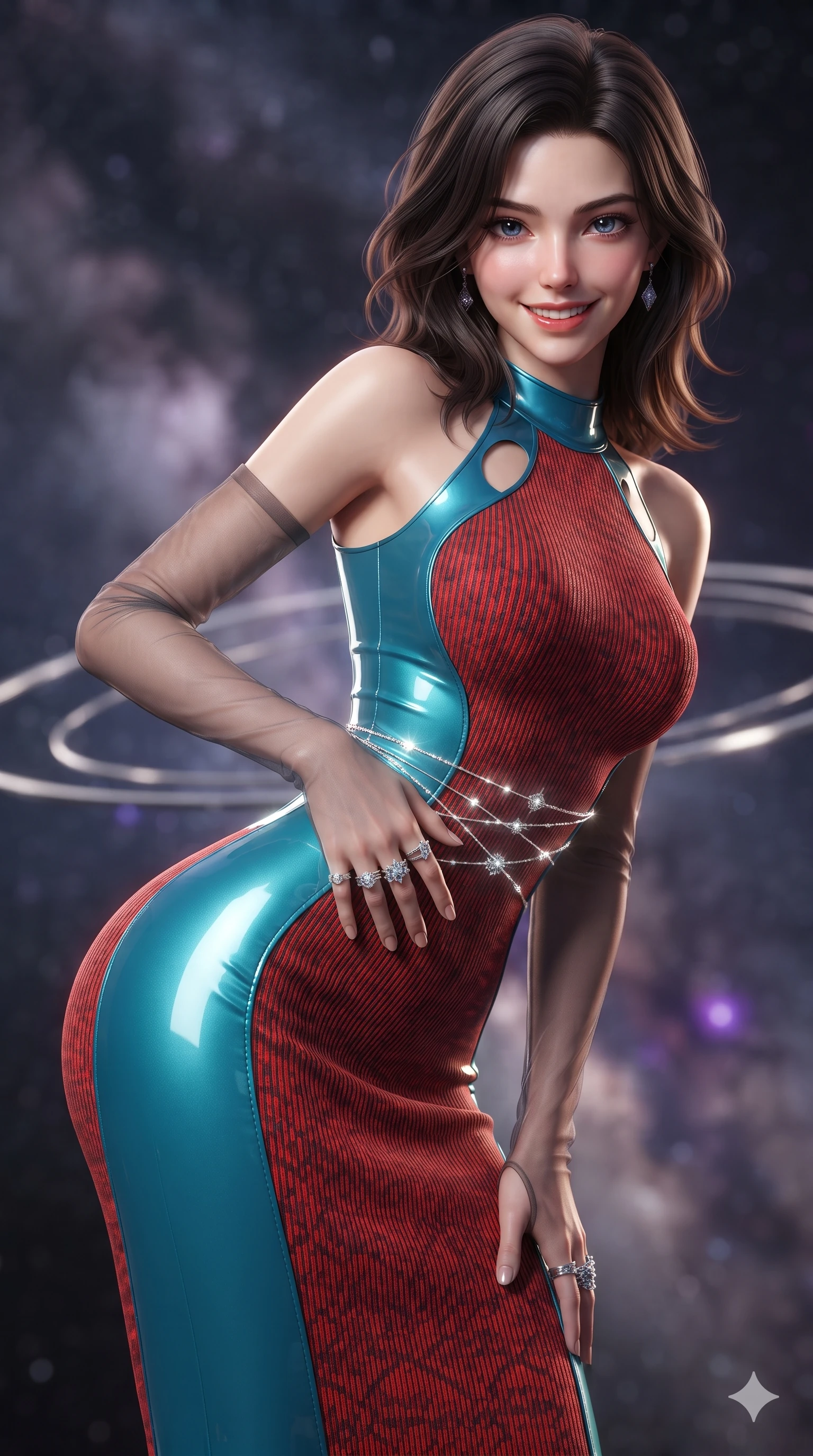 score_9, masterpiece, best quality, ultra-detailed, high-budget anime keyframe, editorial fashion photography, tasteful artistic composition, Korean woman. close-up cowboy shot from the waist and thighs up, the character dominates the composition, filling the frame with her large presence. leaning forward while arching her lower back to accentuate her curvy hips, looking into the camera with an intoxicating smoldering gaze and bedroom-eyes while twisting her slender torso in an alluring S-curve, celestial diamond starlight and platinum ring glows casting silver light ribbons across her flat midriff and hourglass curves. The background shows a soft-focus concentric levitating platinum rings, dense Milky Way star clouds, and distant purple emission nebulae blurred into diamond, platinum, and sapphire bokeh. She has an exceptionally elegant, slender, and willowy female figure with an ultra-slim waist, flat toned midriff, narrow ribcage, and sculpted feminine hips creating an alluring, slim hourglass silhouette without bulk. sharp v-shaped jawline, high-bridge nose, intricate jewel-like sparkling eyes with depth, thick eyelashes, glossy parted lips with a natural peach sheen, bright cheerful beaming smile with an enchanting and coquettish sensual glint, exuding both youthful cute charm and seductive allure, flawlessly proportioned anatomical accuracy, strict slender model proportions, natural body alignment, perfectly sculpted long slender limbs, ultra-slim waistline, clean dynamic posture without body distortion. wearing an ultra-sleek form-fitting ribbed knit midi dress with elegant collar cutouts contouring her feminine hourglass silhouette in cyber-shinto vermilion and laser turquoise, tailored from high-gloss patent leather with mirror-like specular highlights, complemented by sheer opera-length evening gloves tracing her slender arms, the form-contouring silhouette accentuating her sculpted flat midriff, narrow delicate ribcage, and gracefully curvy hips with intoxicating allure. bathed in the unpolluted brilliant diamond sparkle of deep space starlight mixed with soft warm 2800K balcony edge lighting. ultra-reflective glossy finish, specular highlights, rich textural contrasts, high-contrast stereoscopic depth, volumetric dynamic lighting, 2k, ultra detail, master piece, 9:16 ratio