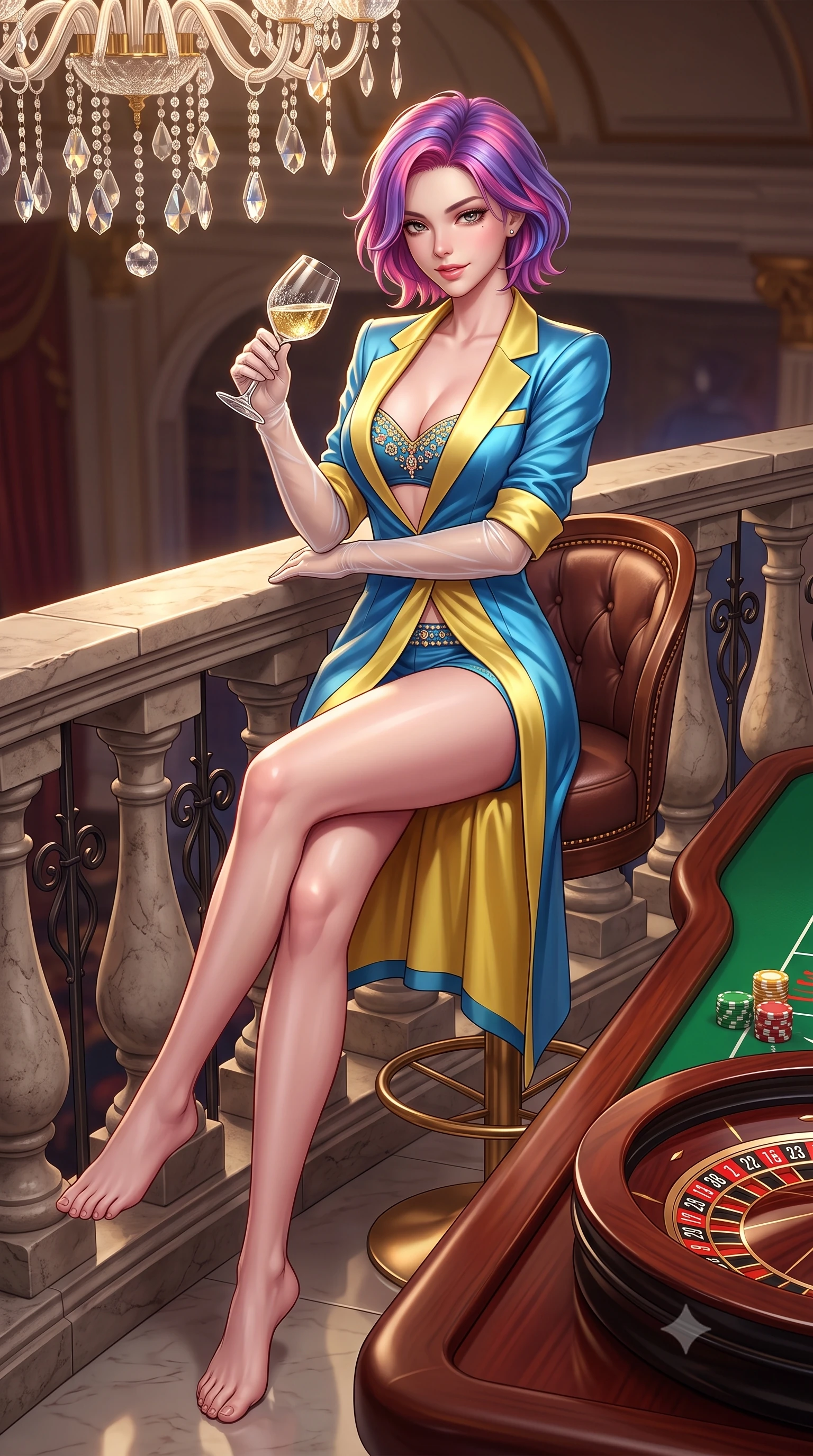 score_9, masterpiece, best quality, ultra-detailed, high-budget anime keyframe, semi-realistic 3D game render, editorial fashion photography, tasteful artistic composition, Caucasian woman. low angle full-body shot from head to toe showing her feet, filling the entire 9:16 vertical frame with her statuesque presence, stretching her vertical silhouette. leaning deep against the balcony balustrade with hips cocked back in an unapologetically alluring high-fashion stance, casting an intoxicating glance while perched sideways on the high leather gaming stool with legs crossed, swirling a glass of Dom Pérignon with sovereign high-roller glamour. The surrounding environment is rendered in vivid detail and crisp panoramic clarity: sharp emerald baize felt texture, crystal chandelier pendant facets, and lacquered mahogany roulette wheel rim in deep focus. She has an absolutely perfect, statuesque 8.5-heads proportion, an exceptionally tall and slender model-like female figure with impossibly long slender legs, an ultra-slim waist, a flat toned midriff, narrow delicate ribcage, and beautifully sculpted feminine hips creating a graceful, slim hourglass silhouette without any bulky heaviness. sharp v-shaped jawline, high-bridge nose, sparkling eyes with hypnotic seductive depth, thick curled eyelashes, glossy parted lips with a natural dewy peach sheen, alluring bedroom-eyes with an enchanting coquettish smile, exuding magnetic siren charisma and sophisticated glamour, flawlessly proportioned anatomical accuracy, strict slender model proportions, natural body alignment, perfectly sculpted long slender limbs, ultra-slim waistline, clean dynamic posture without body distortion. wearing a tailored open-front satin smoking jacket worn over a jewel-embellished bandeau and micro-shorts in Amalfi azure blue and sunlit lemon gold, made of semi-opaque stretch illusion mesh with soft shadowy contours, complemented by sheer opera-length evening gloves tracing her slender arms, the high-slit wrap tailoring accentuating her ultra-slim waistline and the enchanting curve of her feminine hips with alluring seductive charm. illuminated by mahogany table surface bounce and sharp royal-gold rim lights defining her razor-sharp jawline, narrow waist, and curvy hips. highly saturated vibrant anime colors, detailed shading with soft gradients, rich glossy textures, high-contrast stereoscopic depth, volumetric dynamic lighting, master piece, 9:16 ratio