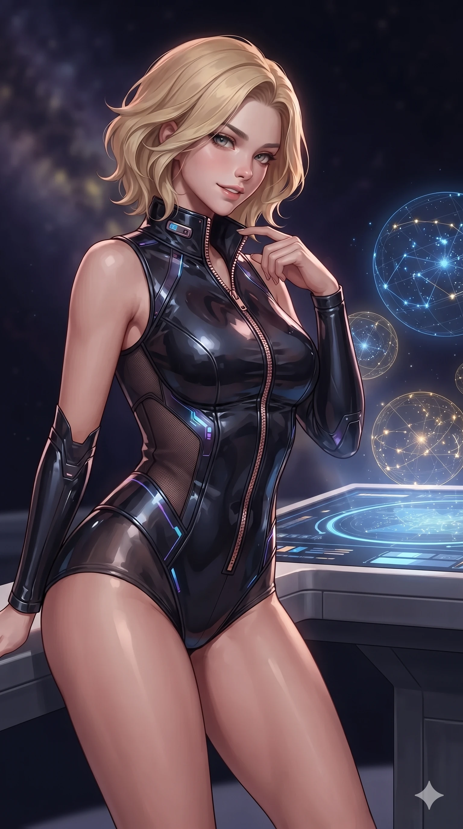 score_9, masterpiece, best quality, ultra-detailed, high-budget anime keyframe, editorial fashion photography, tasteful artistic composition, Caucasian woman. close-up cowboy shot from the waist and thighs up, the character dominates the composition, filling the frame with her large presence. tilting her head with a teasing half-smile, running one finger slowly along her glowing comm-link collar in a flirtatious gesture while leaning against a holographic stellar cartography pedestal with hips cocked back, gazing through floating constellation spheres with intoxicating bedroom-eyes. The background shows a soft-focus faint nebular gas haze softened in deep void observation dome shallow focus. She has an exceptionally elegant, slender, and willowy female figure with an ultra-slim waist, flat toned midriff, narrow ribcage, and sculpted feminine hips creating an alluring, slim hourglass silhouette without bulk. sharp v-shaped jawline, high-bridge nose, intricate jewel-like sparkling eyes with depth, thick eyelashes, glossy parted lips with a natural sheen, bright confident smile with an enchanting and coquettish sensual glint, exuding both youthful magnetic charm and sovereign high-tech allure, flawlessly proportioned anatomical accuracy, strict slender model proportions, natural body alignment, perfectly sculpted long slender limbs, ultra-slim waistline, clean dynamic posture without body distortion. wearing a sleeveless high-collar cyber pilot suit in liquid-look obsidian jersey with strategic sheer ventilation panels in fiery geothermal copper and molten amber glow, formed from supple thermal silicone composite adhering seamlessly like a second skin, accented with an open-back drape framed by falling strands of delicate chrome chains, the form-fitting tactical tailoring adhering flawlessly to her sculpted flat midriff and slender torso, emphasizing her long leg lines and perfectly proportioned willowy build. illuminated by dome floor bounce and sharp rose-gold rim lights defining her razor-sharp jawline, narrow waist, and curvy hips. ultra-reflective glossy finish, specular highlights, rich textural contrasts, high-contrast stereoscopic depth, volumetric dynamic lighting, 2k, ultra detail, master piece, 9:16 ratio