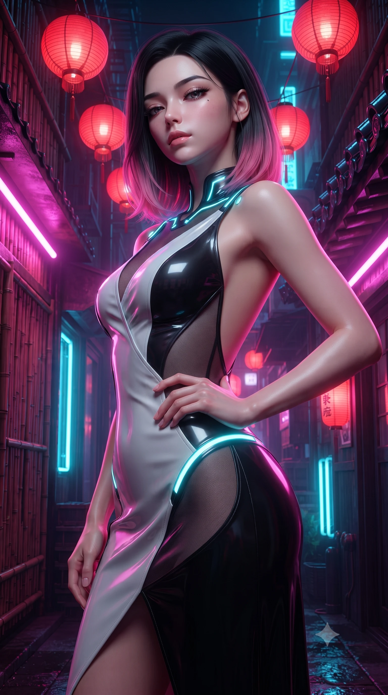 score_9, masterpiece, best quality, ultra-detailed, high-budget anime keyframe, editorial fashion photography, tasteful artistic composition, Korean woman. close-up cowboy shot from the waist and thighs up, the character dominates the composition, filling the frame with her large presence. tilting her chin up with proud, sovereign allure while gazing through thick eyelashes, one hand resting on her waist in pure supermodel charisma while standing poised beneath hanging crimson paper lanterns, twisting her slender torso in an alluring S-curve while looking down at the neon-lit alley below. The surrounding environment is rendered in vivid detail and crisp panoramic clarity. sharp bamboo lattice textures, wet ceramic roof tiles, and glowing neon tube reflections in deep focus. She has an exceptionally elegant, slender, and willowy female figure with an ultra-slim waist, a gracefully sculpted slender torso, toned flat midriff, and rounded feminine hips creating an alluring hourglass silhouette. sharp v-shaped jawline, high-bridge nose, intricate jewel-like eyes with depth, thick eyelashes, glossy parted lips with a natural sheen, intensely captivating and seductive bedroom-eyes expression, flawlessly proportioned anatomical accuracy, strict slender model proportions, natural body alignment, perfectly sculpted long slender limbs, ultra-slim waistline, clean dynamic posture without body distortion. wearing a form-contouring wet-look silk wrap dress with asymmetrical sheer mesh cutouts in high-contrast monochrome white and glossy black, made of sheer contouring power-mesh panels with anatomical curve lines, accented with glowing cyan LED circuit lines tracing her hip bones and collarbones, the dramatically scooped open back descending to the base of her spine, accentuating her razor-sharp statuesque lines and curvy hourglass silhouette. bathed in vibrant magenta and electric cyan neon light contrasting with warm lantern scarlet downlights. ultra-reflective glossy finish, specular highlights, rich textural contrasts, high-contrast stereoscopic depth, volumetric dynamic lighting, 2k, ultra detail, master piece, 9:16 ratio
