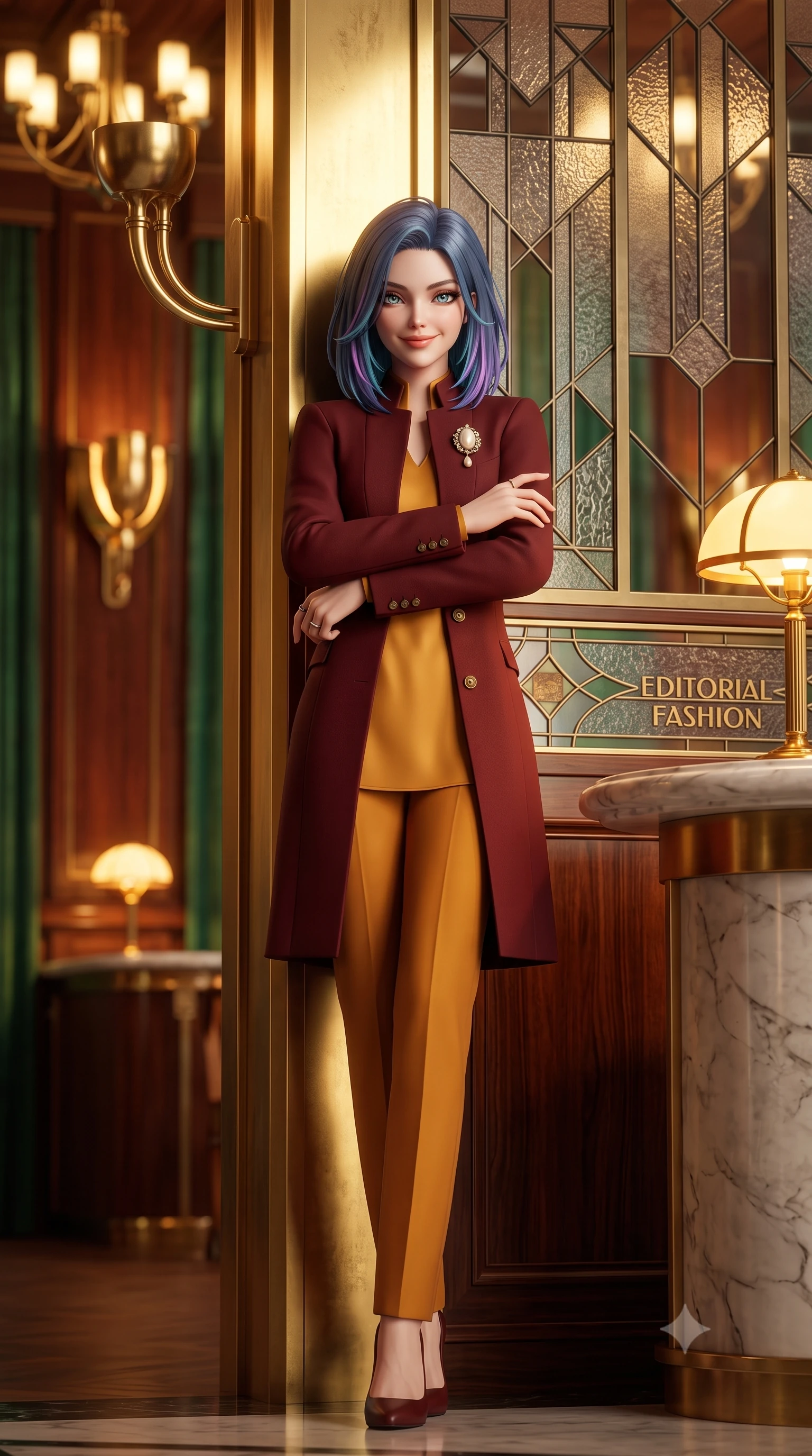 score_9, masterpiece, best quality, ultra-detailed, high-budget anime keyframe, semi-realistic 3D game render, editorial fashion photography, tasteful artistic composition, Caucasian woman. low angle full-body shot from head to toe showing her feet, filling the entire 9:16 vertical frame with her statuesque presence, stretching her vertical silhouette. leaning lightly against the sunlit architectural column with arms crossed loosely, flashing a warm, confident smile while standing beside the geometric stained-glass partition, one hand resting on the marble counter with chic modern-retro poise. The background shows a soft-focus curved brass Art Deco light sconces, geometric leaded glass screens, and polished rosewood walls blurred into emerald, brass, and rosewood bokeh. She has an exceptionally tall and slender model-like 8.5-heads proportion, an ultra-slim waist, a flat toned midriff, narrow delicate ribcage, and beautifully sculpted feminine hips creating a graceful, slim hourglass silhouette without any bulky heaviness, with impossibly long slender legs. sharp v-shaped jawline, high-bridge nose, intricate jewel-like sparkling eyes with depth, thick eyelashes, glossy parted lips with a natural peach sheen, bright cheerful beaming smile with an enchanting and coquettish sensual glint, exuding both youthful cute charm and seductive allure, flawlessly proportioned anatomical accuracy, strict slender model proportions, natural body alignment, perfectly sculpted long slender limbs, ultra-slim waistline, clean dynamic posture without body distortion. wearing a stand-collar tailored linen-silk coat layered over a minimalist silk tunic and straight-leg pressed trousers in rich Oxford burgundy and golden amber, tailored from heavyweight double-faced wool with clean architectural edges, complemented by an antique baroque pearl brooch pinned tastefully on the lapel, the bespoke architectural tailoring hugging her natural waistline with sartorial precision, creating a clean graceful hourglass silhouette with tall model elegance. bathed in warm 2900K incandescent amber illumination from authentic Art Deco brass chandeliers and table lamps. highly saturated vibrant anime colors, detailed shading with soft gradients, rich glossy textures, high-contrast stereoscopic depth, volumetric dynamic lighting, master piece, 9:16 ratio