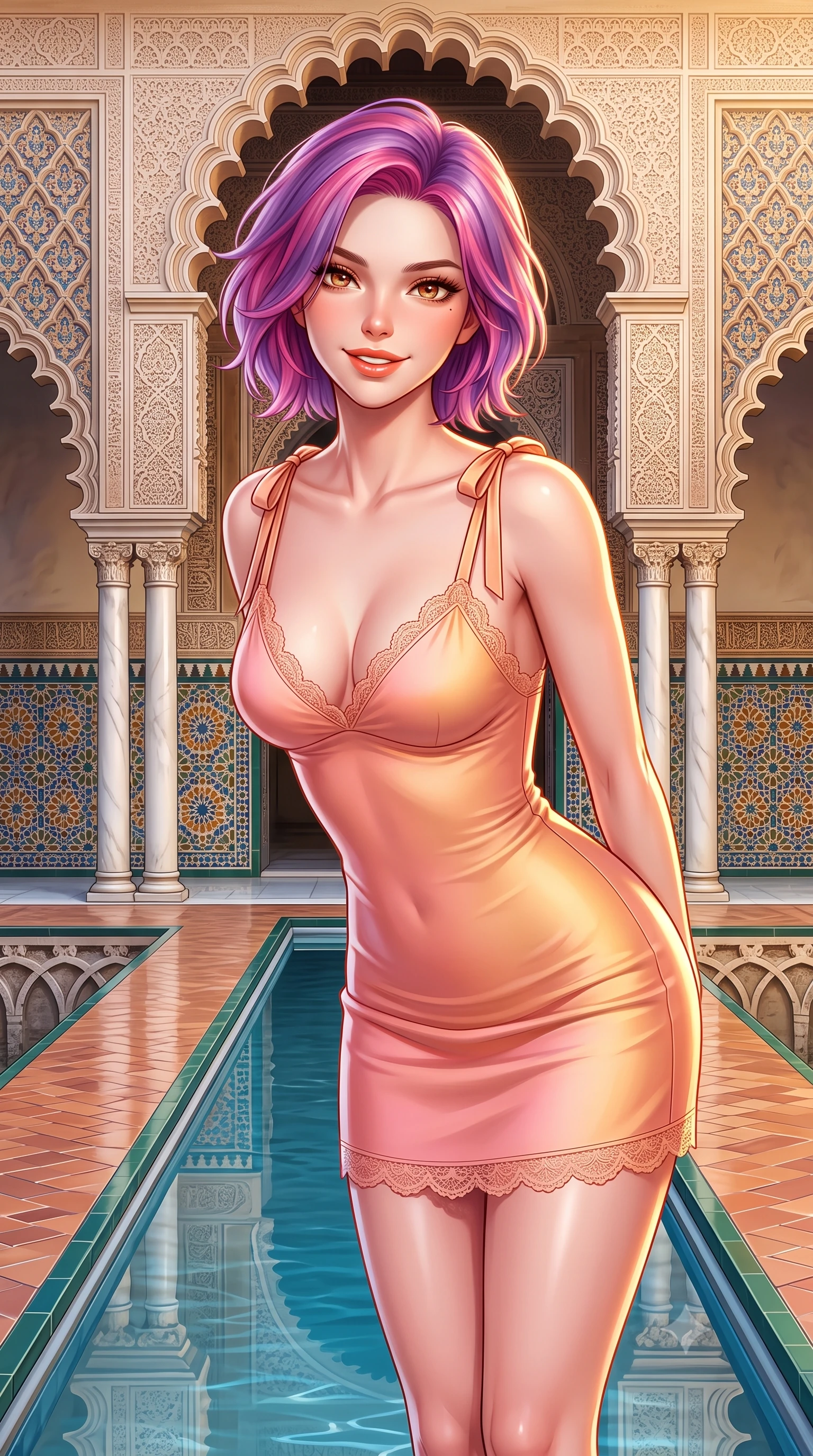 score_9, masterpiece, best quality, ultra-detailed, high-budget anime keyframe, semi-realistic 3D game render, editorial fashion photography, tasteful artistic composition, Caucasian woman. close-up cowboy shot from the waist and thighs up, the character dominates the composition, filling the frame with her large presence. leaning forward with playful sun-kissed grace while arching her lower back to accentuate her curvy hips, looking into the camera with a radiant teasing smile and alluring bedroom-eyes while standing poised between the scalloped plaster arches beside the long central reflection pool, arching her spine with dancer-like elegance. The surrounding environment is rendered in vivid detail and crisp panoramic clarity. sharp glazed ceramic tile geometric reliefs, carved plaster lace textures, and smooth marble column gleam in deep focus. She has an exceptionally elegant, slender, and willowy female figure with an ultra-slim waist, flat toned midriff, narrow ribcage, and sculpted feminine hips creating an alluring, slim hourglass silhouette without bulk. sharp v-shaped jawline, high-bridge nose, sparkling amber-hazel eyes with depth, long lush eyelashes, glossy sun-kissed lips with a warm coral glaze, radiant teasing smile with sensual sunlit bedroom-eyes, exuding effortless old-money elegance and intoxicating sun-drenched allure, flawlessly proportioned anatomical accuracy, strict slender model proportions, natural body alignment, perfectly sculpted long slender limbs, ultra-slim waistline, clean dynamic posture without body distortion. wearing a strappy silk crepe slip dress with delicate lace scallop edging along the plunging neckline and hem in soft peach blossom pink and warm apricot gold, made of liquid-tight stretch jersey emphasizing every curve of her body, finished with cute satin bow ribbons tying at the shoulders, the form-fitting cut adhering flawlessly to her sculpted flat midriff and slender torso, emphasizing her long leg lines and perfectly proportioned willowy build. illuminated by water channel reflection fill and sharp warm-gold rim lighting defining her razor-sharp jawline, narrow waist, and curvy hips. highly saturated vibrant anime colors, detailed shading with soft gradients, rich glossy textures, high-contrast stereoscopic depth, volumetric dynamic lighting, master piece, 9:16 ratio