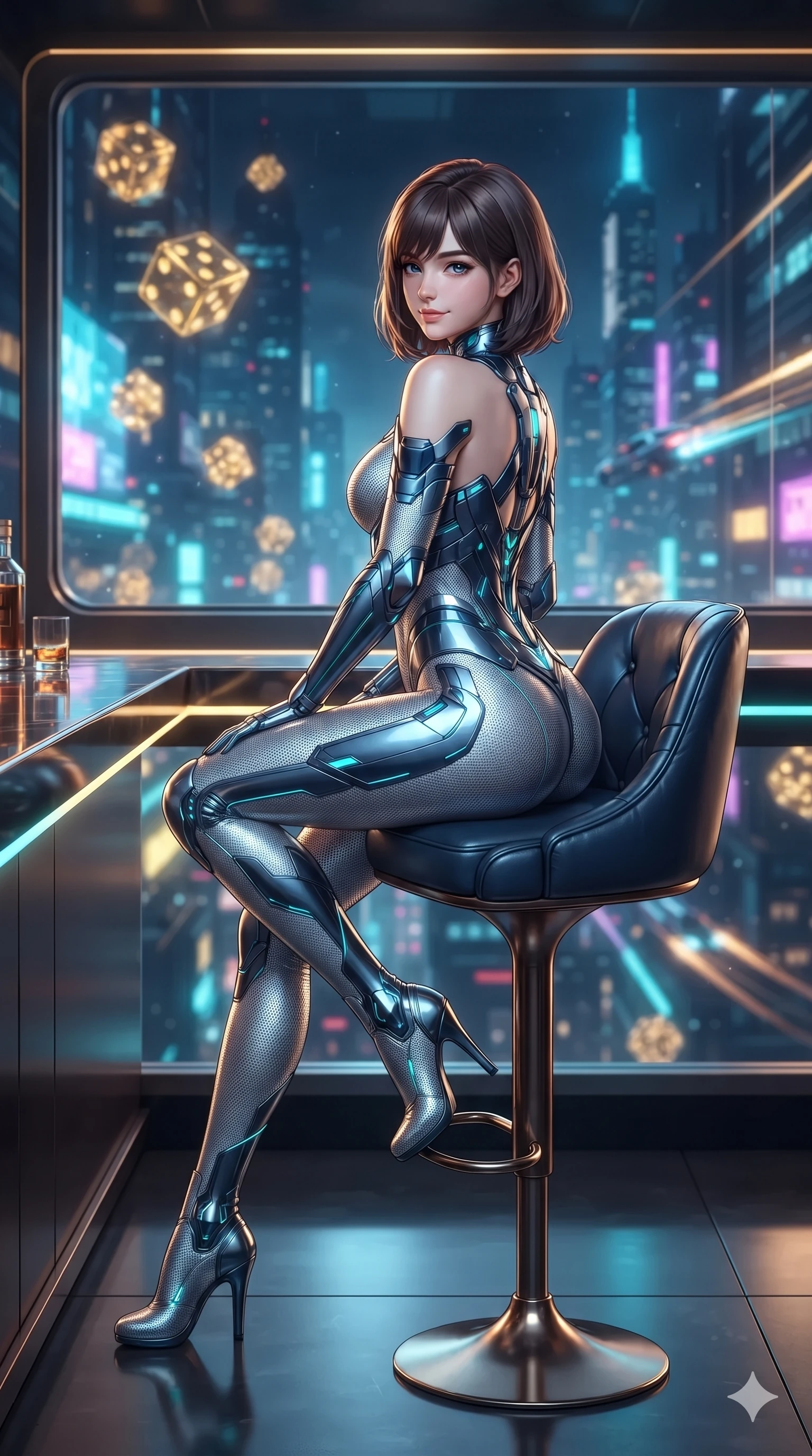 score_9, masterpiece, best quality, ultra-detailed, high-budget anime keyframe, editorial fashion photography, tasteful artistic composition, Caucasian woman. low angle full-body shot from head to toe showing her feet, filling the entire 9:16 vertical frame with her statuesque presence, stretching her vertical silhouette. posing in a classic haute-couture S-curve stance beside the panoramic viewport, looking over a bare shoulder with magnetic presence while perched gracefully on a high leather bar stool with legs crossed, flashing an enchanting, playful smile with parted glossy lips. The background shows a soft-focus tumbling golden holographic dice projections, soaring skyscraper light spires, and flying vehicle light trails blurred into gold, cyan, and midnight blue bokeh. She has an absolutely perfect, statuesque 8.5-heads proportion, an exceptionally tall and slender model-like female figure with impossibly long slender legs, an ultra-slim waist, a flat toned midriff, narrow delicate ribcage, and beautifully sculpted feminine hips creating a graceful, slim hourglass silhouette without any bulky heaviness. sharp v-shaped jawline, high-bridge nose, intricate jewel-like sparkling eyes with depth, thick eyelashes, glossy parted lips with a natural sheen, bright confident smile with an enchanting and coquettish sensual glint, exuding both youthful magnetic charm and sovereign high-tech allure, flawlessly proportioned anatomical accuracy, strict slender model proportions, natural body alignment, perfectly sculpted long slender limbs, ultra-slim waistline, clean dynamic posture without body distortion. wearing a form-contouring delicate silver nano-mesh bodysuit with strategically placed chrome armor plate guards covering key curves in deep space navy and laser turquoise, woven from high-density tech-wool with subtle metallic thread weave, accented with an open-back drape framed by falling strands of delicate chrome chains, the glove-like clinging cut tightly following the natural contour of her hips and long slender legs with youthful 8.5-heads elegance. illuminated by bar top reflections and sharp gold-cyan rim lights defining her razor-sharp jawline, narrow waist, and curvy hips. ultra-reflective glossy finish, specular highlights, rich textural contrasts, high-contrast stereoscopic depth, volumetric dynamic lighting, 2k, ultra detail, master piece, 9:16 ratio