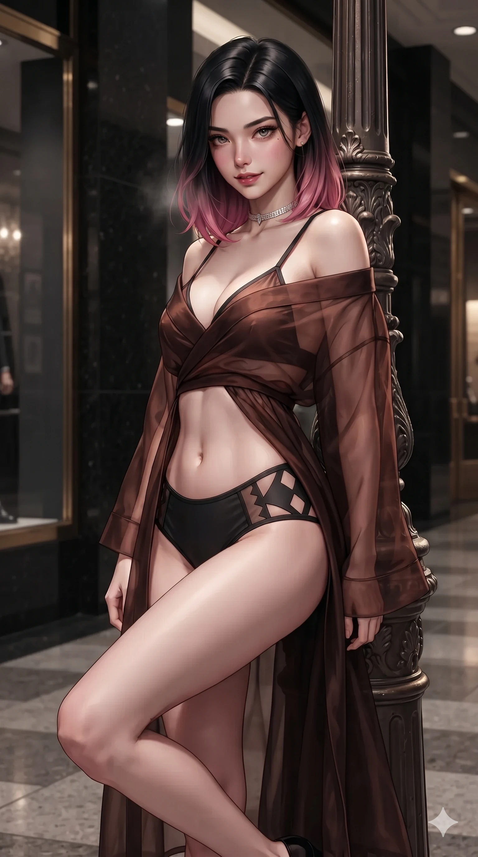 score_9, masterpiece, best quality, ultra-detailed, high-budget anime keyframe, editorial fashion photography, tasteful artistic composition, Korean woman. close-up cowboy shot from the waist and thighs up, the character dominates the composition, filling the frame with her large presence. leaning against a historic cast-iron lamppost with one knee bent, night mist drifting through her hair as her dark outfit traces her feminine curves while twisting her slender torso in an alluring contrapposto stance, interior museum-quality spotlights tracing her narrow waist and rounded hips. The surrounding environment is rendered in vivid detail and crisp panoramic clarity: sharp seamless vitrine glass edges, honed black granite cladding, and polished brass door trim in deep focus. She has an exceptionally elegant, slender, and willowy female figure with an ultra-slim waist, flat toned midriff, narrow ribcage, and sculpted feminine hips creating an alluring, slim hourglass silhouette without bulk. sharp v-shaped jawline, high-bridge nose, intricate jewel-like dark sparkling eyes with dangerous depth, thick curled eyelashes, glossy parted lips with a rich wine sheen, smoldering seductive half-smile with bedroom-eyes, exuding effortless superiority and intoxicating dark allure, flawlessly proportioned anatomical accuracy, strict slender model proportions, natural body alignment, perfectly sculpted long slender limbs, ultra-slim waistline, clean dynamic posture without body distortion. wearing a sheer gossamer organza evening kimono slipping off bare shoulders over a matching satin micro-bralette and briefs in dark burnt copper and matte black, adorned with laser-cut diamond side panels revealing teasing glimpses of bare skin, finished with a delicate diamond choker catching the chandelier light, the high-slit wrap tailoring accentuating her ultra-slim waistline and the enchanting curve of her feminine hips with alluring seductive charm. illuminated by polished stone walkway bounce and sharp platinum-gold rim lights sculpting her razor-sharp jawline, narrow waist, and curvy hips. ultra-reflective glossy finish, specular highlights, rich textural contrasts, high-contrast stereoscopic depth, volumetric dynamic lighting, 2k, ultra detail, master piece, 9:16 ratio