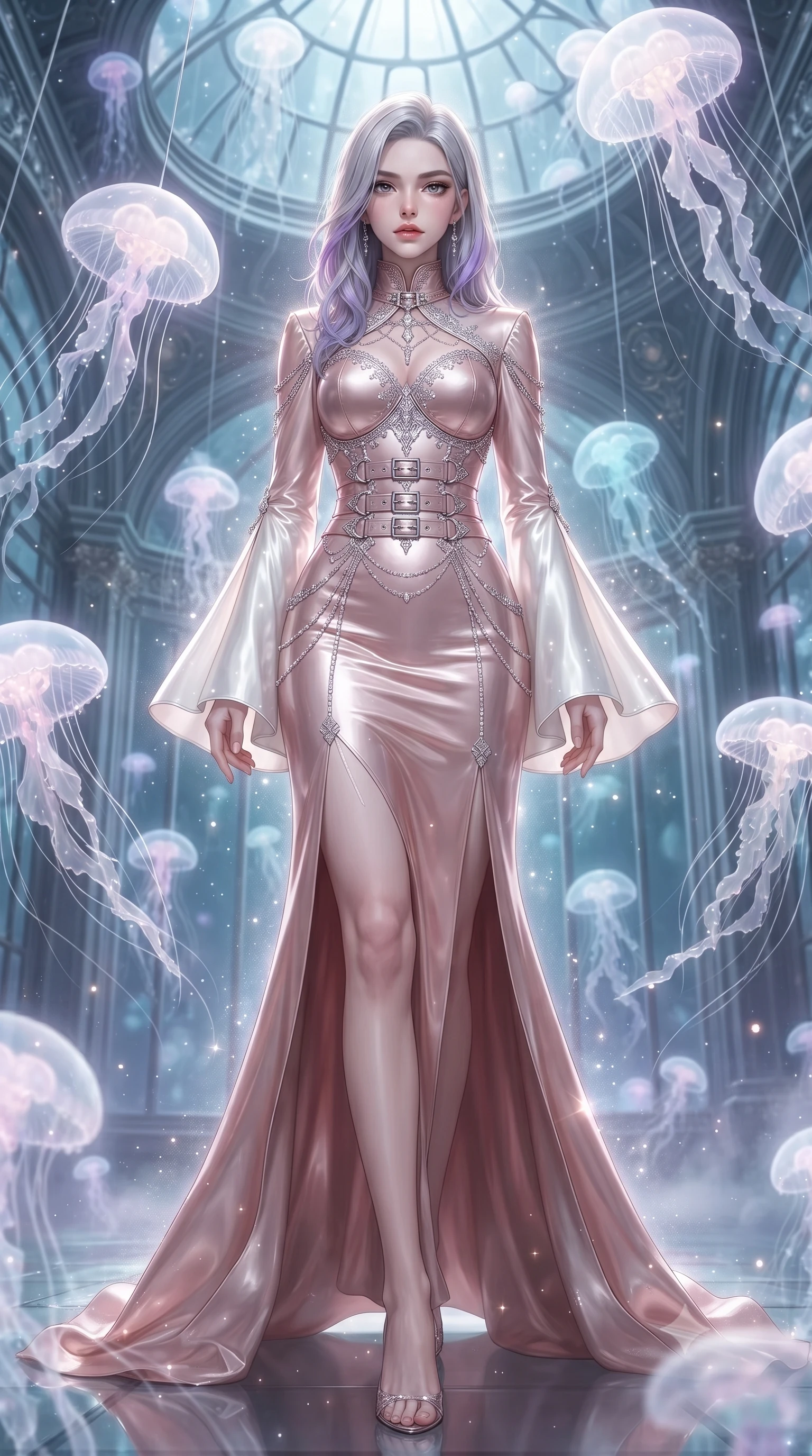 score_9, masterpiece, best quality, ultra-detailed, high-budget anime keyframe, editorial fashion photography, tasteful artistic composition, Caucasian woman. low angle full-body shot from head to toe showing her feet, filling the entire 9:16 vertical frame with her statuesque presence, stretching her vertical silhouette. forging confidently through the floating crystal mist, holding a poised statuesque stance, inside a floating glass sanctuary filled with bioluminescent opal jellyfish emitting soft pastel rays, soft opal bioluminescence filtering through delicate translucent tentacles. She has an absolutely perfect, statuesque 8.5-heads proportion, an exceptionally tall and slender model-like female figure with impossibly long slender legs and an ultra-slim waist. sharp v-shaped jawline, high-bridge nose, intricate jewel-like eyes with depth, thick eyelashes, glossy lips with a natural sheen. wearing gothic high-collar rose-gold silk evening gown with long bell sleeves in pearl white, made of high-gloss liquid pearl vinyl, framed by polished silver buckles and delicate chain details, accentuating her gracefully sculpted slender torso. surrounded by a glowing aura of opal starlight and soft diffused rim highlights. ultra-reflective glossy finish, specular highlights, metallic sheen, high-contrast stereoscopic depth, volumetric dynamic lighting, 2k, ultra detail, master piece, 9:16 ratio