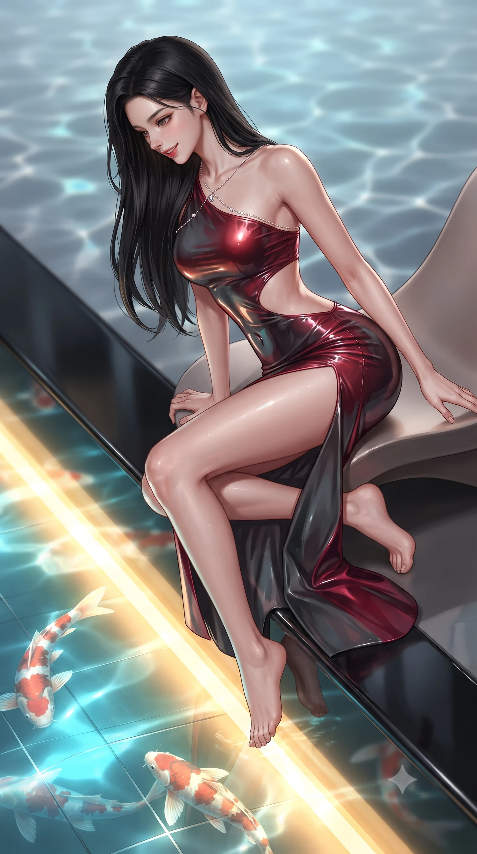 score_9, masterpiece, best quality, ultra-detailed, high-budget anime keyframe, editorial fashion photography, tasteful artistic composition, Korean woman. close-up cowboy shot from the waist and thighs up, the character dominates the composition, filling the frame with her large presence. perched sideways on the lounge seat, one knee drawn up to showcase her slender leg line while her arched back accentuates her feminine hip curve while leaning over the black titanium pool edge with hips cocked back, gazing at swimming digital holographic koi fish with an alluring smile. The background shows a soft-focus digital water ripple effects softened in avant-garde sci-fi shallow focus. She has an exceptionally elegant, slender, and willowy female figure with an ultra-slim waist, flat toned midriff, narrow ribcage, and sculpted feminine hips creating an alluring, slim hourglass silhouette without bulk. sharp v-shaped jawline, high-bridge nose, sparkling eyes with hypnotic seductive depth, thick curled eyelashes, glossy parted lips with a natural dewy peach sheen, alluring bedroom-eyes with an enchanting coquettish smile, exuding magnetic siren charisma and sophisticated glamour, flawlessly proportioned anatomical accuracy, strict slender model proportions, natural body alignment, perfectly sculpted long slender limbs, ultra-slim waistline, clean dynamic posture without body distortion. wearing an asymmetric one-shoulder liquid jersey gown with dramatic hip-high slit and sculptural waist cutout in rich cherry lacquer and smoky charcoal, crafted from wet-look high-gloss vinyl fabric with dazzling specular surface reflections, accented with a pearl-drop body harness subtly framing her dewy collarbones and spine, the form-contouring silhouette accentuating her sculpted flat midriff, narrow delicate ribcage, and gracefully curvy hips with intoxicating allure. bathed in brilliant golden and cyan light radiating upward from the submerged high-resolution digital pool floor. ultra-reflective glossy finish, specular highlights, rich textural contrasts, high-contrast stereoscopic depth, volumetric dynamic lighting, 2k, ultra detail, master piece, 9:16 ratio