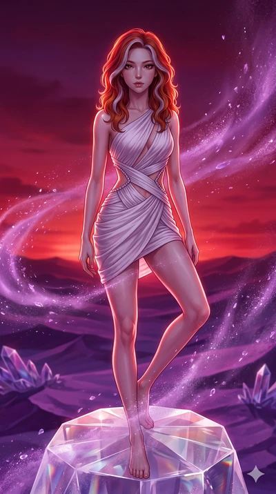 score_9, masterpiece, best quality, ultra-detailed, high-budget anime keyframe, Korean woman. low angle full-body shot filling the entire 9:16 frame with her statuesque presence, stretching the vertical silhouette. standing atop a transparent salt cr