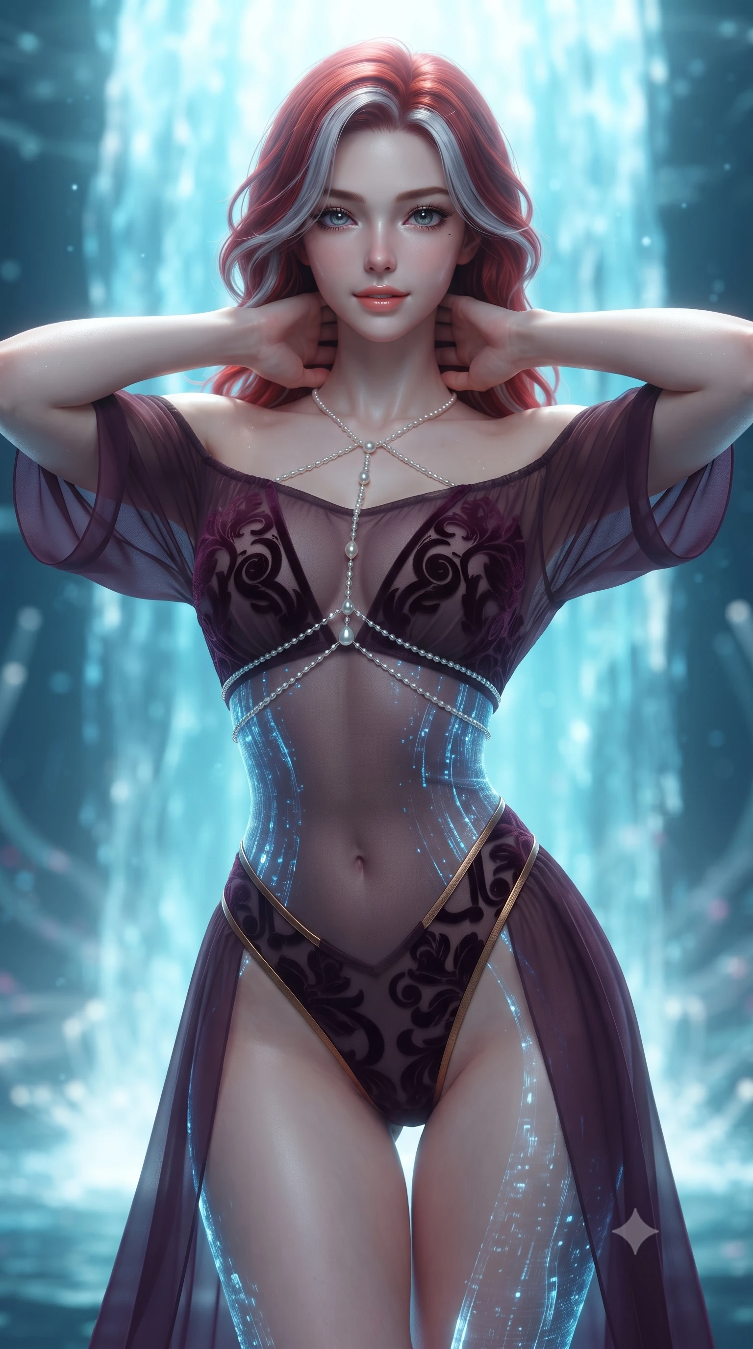 score_9, masterpiece, best quality, ultra-detailed, high-budget anime keyframe, editorial fashion photography, tasteful artistic composition, Caucasian woman. close-up cowboy shot from the waist and thighs up, the character dominates the composition, filling the frame with her large presence. resting both hands lightly behind her neck with elbows raised, arching her spine to highlight her narrow waist, flat midriff, and breathtaking collarbones while twisting her slender torso in an alluring S-curve, cascading blue holographic water data streams tracing her flat midriff, waist, and hips. The background shows a soft-focus submerged fiber-optic lights softened in avant-garde sci-fi shallow focus. She has an exceptionally elegant, slender, and willowy female figure with an ultra-slim waist, flat toned midriff, narrow ribcage, and sculpted feminine hips creating an alluring, slim hourglass silhouette without bulk. sharp v-shaped jawline, high-bridge nose, sparkling eyes with hypnotic seductive depth, thick curled eyelashes, glossy parted lips with a natural dewy peach sheen, alluring bedroom-eyes with an enchanting coquettish smile, exuding magnetic siren charisma and sophisticated glamour, flawlessly proportioned anatomical accuracy, strict slender model proportions, natural body alignment, perfectly sculpted long slender limbs, ultra-slim waistline, clean dynamic posture without body distortion. wearing an off-the-shoulder sheer-illusion mesh bodysuit with strategic velvet flocking and high-cut leg openings in rich dark plum violet and gilded bronze, made of sheer gossamer chiffon that drapes softly against skin with airy translucence, accented with a pearl-drop body harness subtly framing her dewy collarbones and spine, the high-slit wrap tailoring accentuating her ultra-slim waistline and the enchanting curve of her feminine hips with alluring seductive charm. bathed in brilliant cascading cyan and white light radiating from the monumental holographic waterfall. ultra-reflective glossy finish, specular highlights, rich textural contrasts, high-contrast stereoscopic depth, volumetric dynamic lighting, 2k, ultra detail, master piece, 9:16 ratio