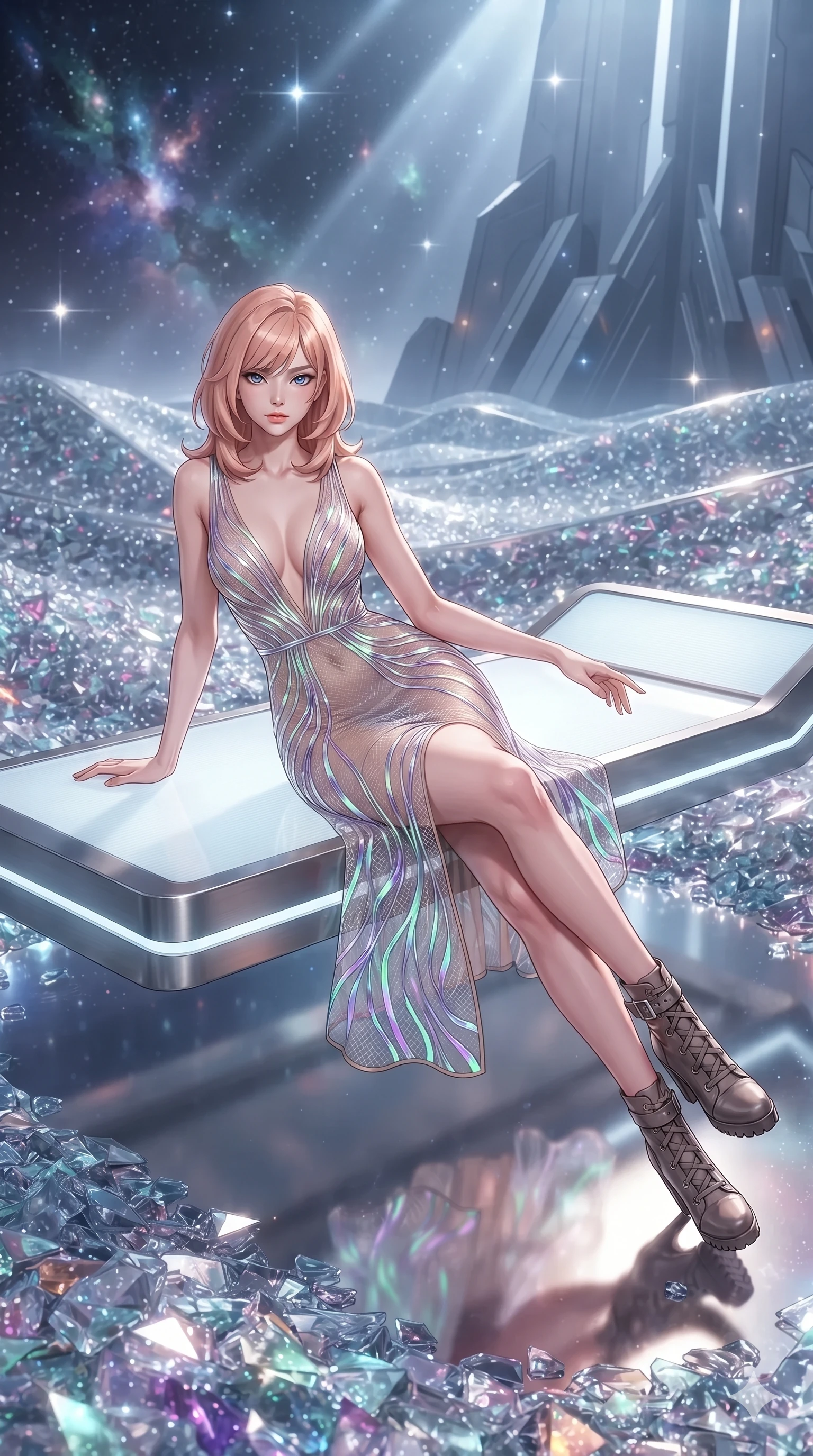 score_9, masterpiece, best quality, ultra-detailed, high-budget anime keyframe, editorial fashion photography, tasteful artistic composition, Japanese woman. low angle full-body shot from head to toe showing her feet, filling the entire 9:16 vertical frame with her statuesque presence, stretching her vertical silhouette. reclining gracefully across the anti-gravity daybed with one leg extended, her sculpted silhouette and flat midriff radiating magnetic futuristic glamour while twisting her slender torso in an alluring contrapposto stance, shimmering glass dunes reflecting starshine across her narrow waist and curvy hips. The surrounding environment is rendered in vivid detail and crisp panoramic clarity: detailed haute-couture flight tailoring, metallic thread accents, and monumental alien architecture in razor-sharp precision. She has an absolutely perfect, statuesque 8.5-heads proportion, an exceptionally tall and slender model-like female figure with impossibly long slender legs, an ultra-slim waist, a flat toned midriff, narrow delicate ribcage, and beautifully sculpted feminine hips creating a graceful, slim hourglass silhouette without any bulky heaviness. sharp v-shaped jawline, high-bridge nose, intricate jewel-like sparkling eyes with depth, thick eyelashes, glossy parted lips with a natural sheen, bright confident smile with an enchanting and coquettish sensual glint, exuding both youthful magnetic charm and sovereign high-tech allure, flawlessly proportioned anatomical accuracy, strict slender model proportions, natural body alignment, perfectly sculpted long slender limbs, ultra-slim waistline, clean dynamic posture without body distortion. wearing a plunge-front sheer illusion technical mesh slip dress with liquid platinum ribbon stripes hugging her curves in phosphorescent ultraviolet amethyst and mint green, crafted from translucent high-gloss aerospace polymer with an internal crystalline sheen, complemented by strappy stiletto combat boots with metallic ankle wraps accentuating her slender calves, the liquid-tight tailored fabric clinging flawlessly to her narrow waist and rounded feminine hips, emphasizing every millimeter of her sculpted slim hourglass curves without any bulky heaviness. illuminated by glass dune reflection bounce and sharp diamond-silver rim lights defining her razor-sharp jawline, narrow waist, and curvy hips. ultra-reflective glossy finish, specular highlights, rich textural contrasts, high-contrast stereoscopic depth, volumetric dynamic lighting, 2k, ultra detail, master piece, 9:16 ratio