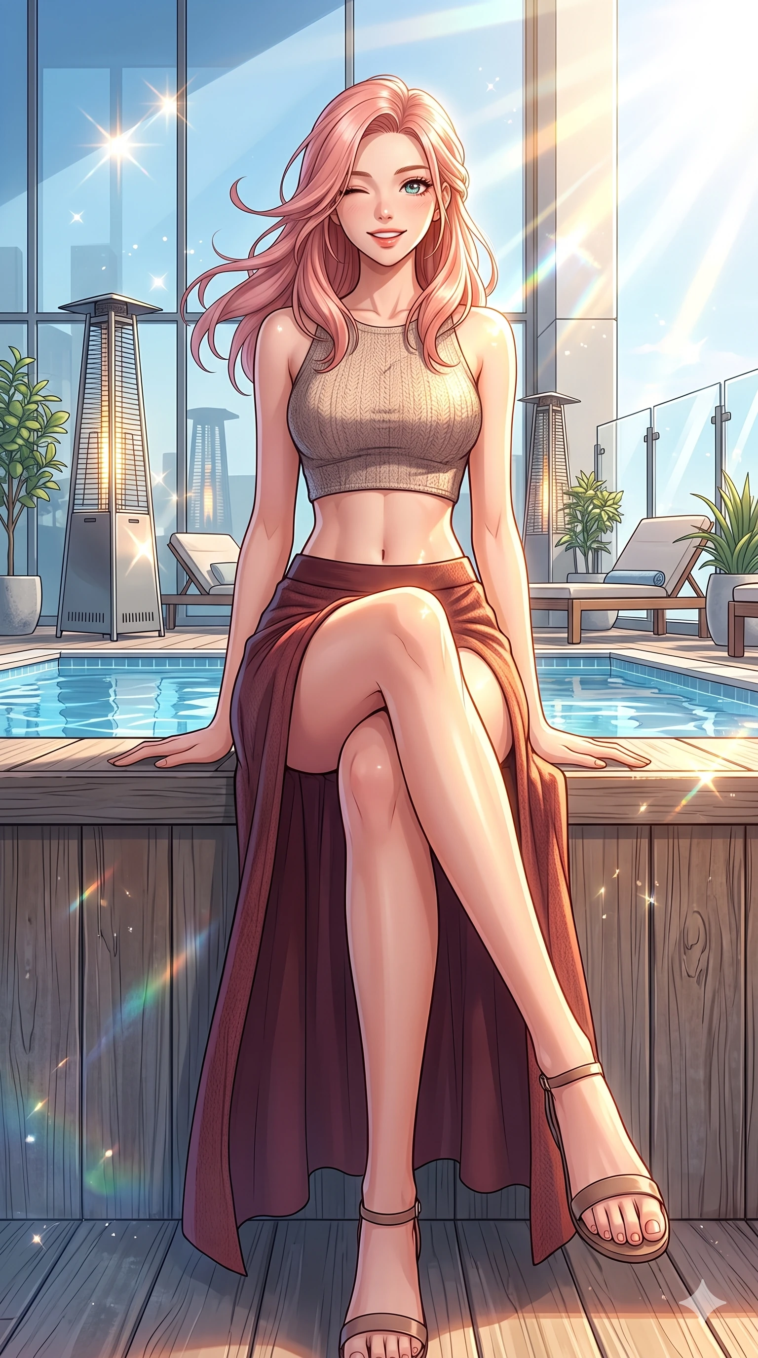 score_9, masterpiece, best quality, ultra-detailed, high-budget anime keyframe, vibrant anime aesthetic, Japanese woman. low angle full-body shot from head to toe showing her feet, filling the entire 9:16 vertical frame with her statuesque presence, stretching her vertical silhouette. She is sitting on a wooden ledge, winking and smiling cheerfully at the viewer on a sunny rooftop pool lounge with outdoor heaters (Code-P21-044). She has an absolutely perfect 8-heads proportion, an exceptionally tall and slender female figure with impossibly long slender legs and an ultra-slim waist. V-shaped jawline, high-bridge nose, intricate jewel-like eyes with depth, thick eyelashes, glossy lips with a natural sheen. wearing a crop top with an exposed midriff and a high-slit wool skirt. She is illuminated by direct, sparkling winter sunbeams reflecting off the clean window glass. 2k, ultra detail, master piece, 9:16 ratio