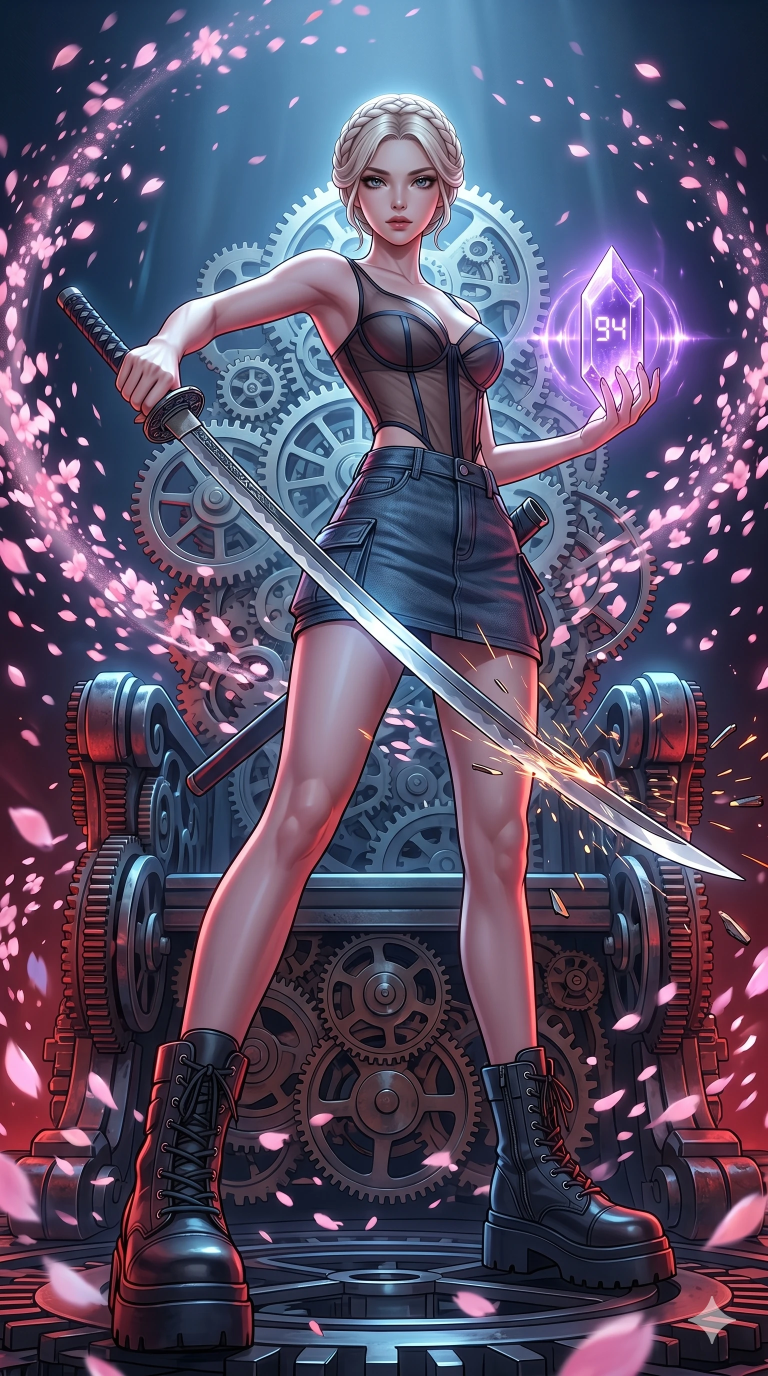 score_9, masterpiece, best quality, ultra-detailed, Set A: High-budget Anime Keyframe, Korean woman. Low angle cowboy shot filling the entire 9:16 frame with her statuesque presence. Drawing a blade through a throne of gears, holding a relic that pulses with the frequency 94 and surrounded by digital sakura petals. She has an absolutely perfect 8-heads proportion, an exceptionally tall and slender female figure with impossibly long slender legs and an ultra-slim waist. Sharp v-shaped jawline, high-bridge nose, intricate jewel-like eyes with depth, thick eyelashes, glossy lips with a natural sheen. Wearing Sheer corset top with high-waist tech-denim and heavy platform combat boots. Cinematic lighting, vibrant colors, dramatic shadows, 2k, ultra detail, master piece, 9:16 ratio