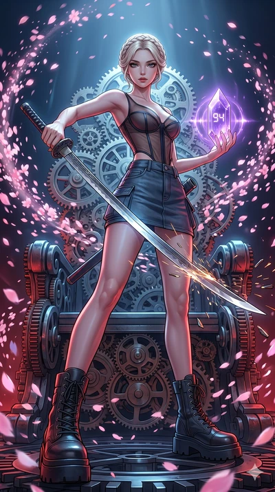 score_9, masterpiece, best quality, ultra-detailed, Set A: High-budget Anime Keyframe, Korean woman. Low angle cowboy shot filling the entire 9:16 frame with her statuesque presence. Drawing a blade through a throne of gears, holding a relic that pul